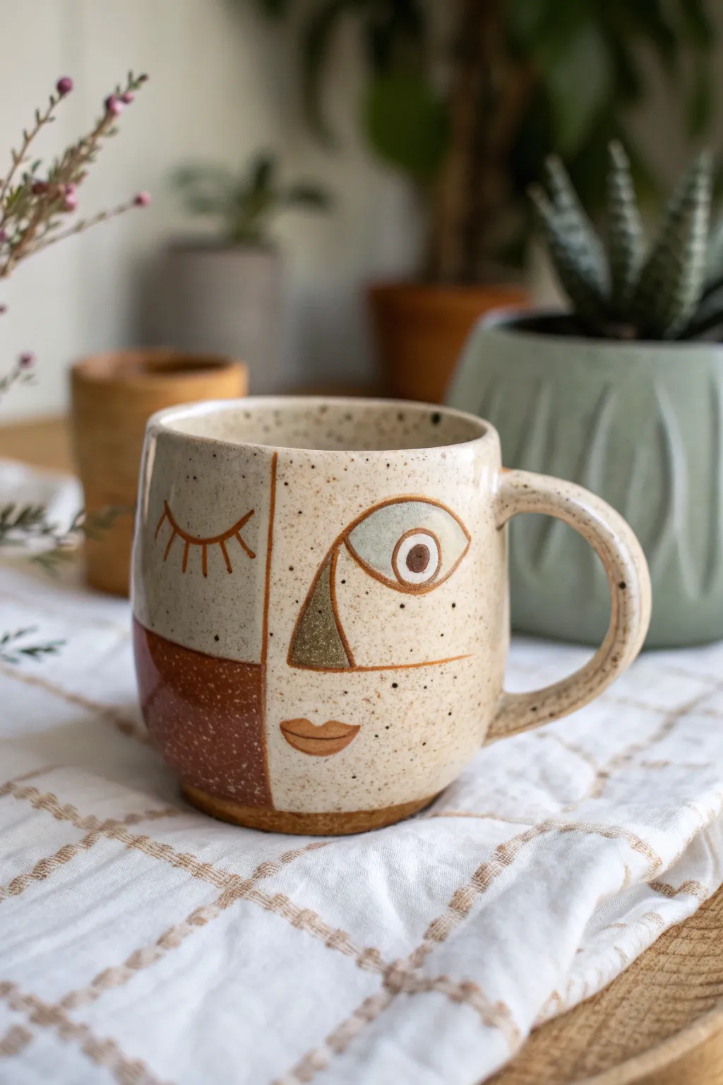 Patchwork face mug with mismatched eyes and a sweet off-center smile in soft neutral glazes.