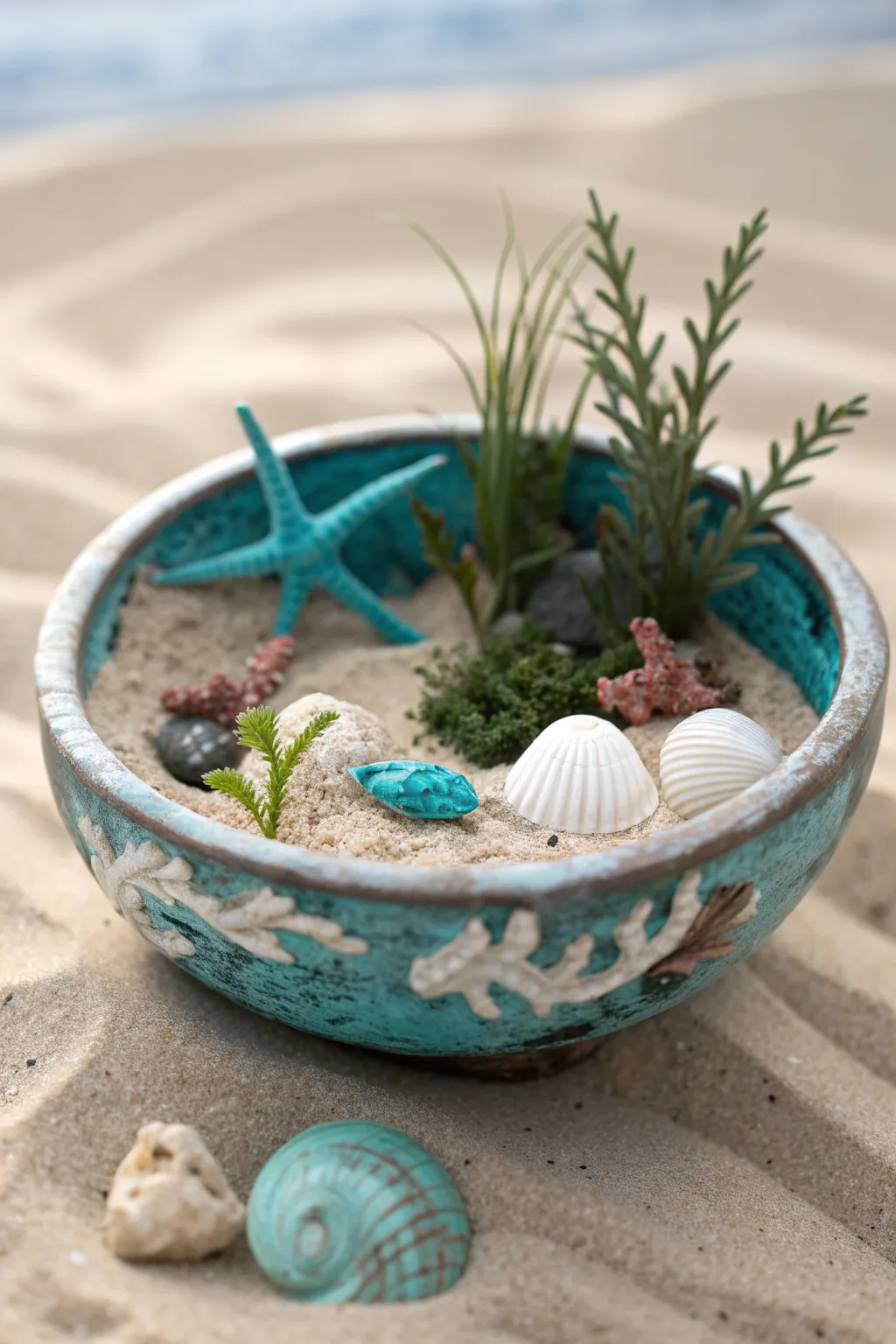 Underwater fairy garden bowl with clay shells, seaweed, and a tiny mermaid tail sparkle