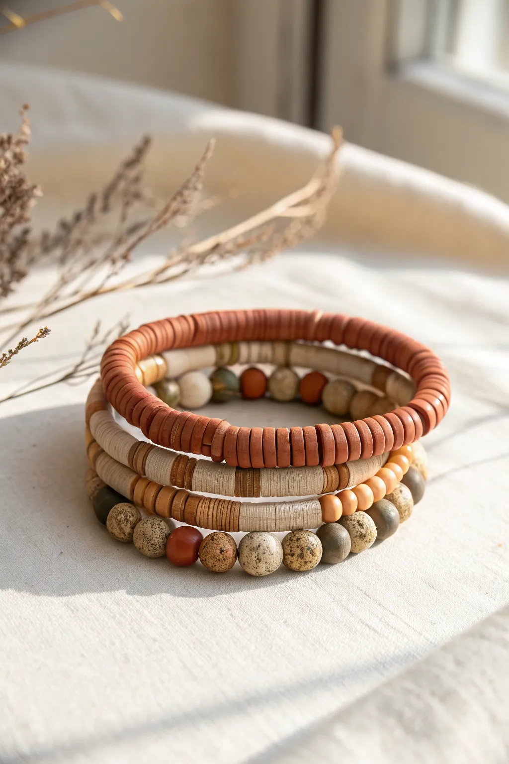Fall heishi bracelet set with matte textured beads, minimal and cozy in warm neutral tones