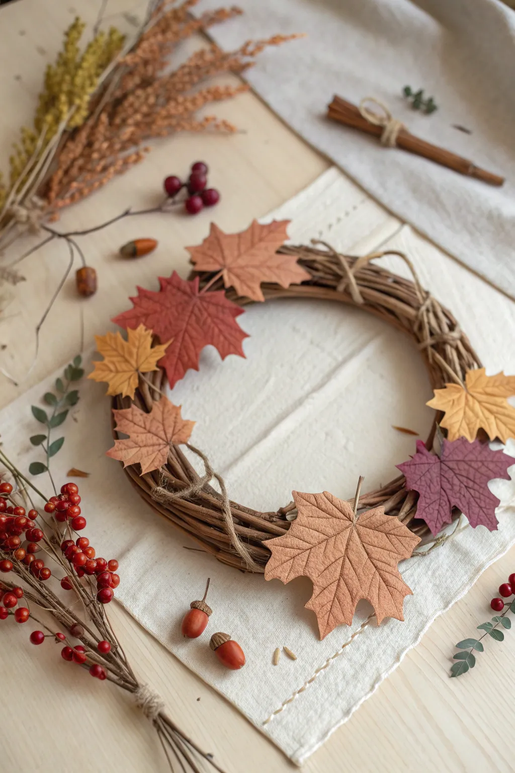 Minimal harvest wreath accents with clay leaves and berries in warm, earthy fall tones.