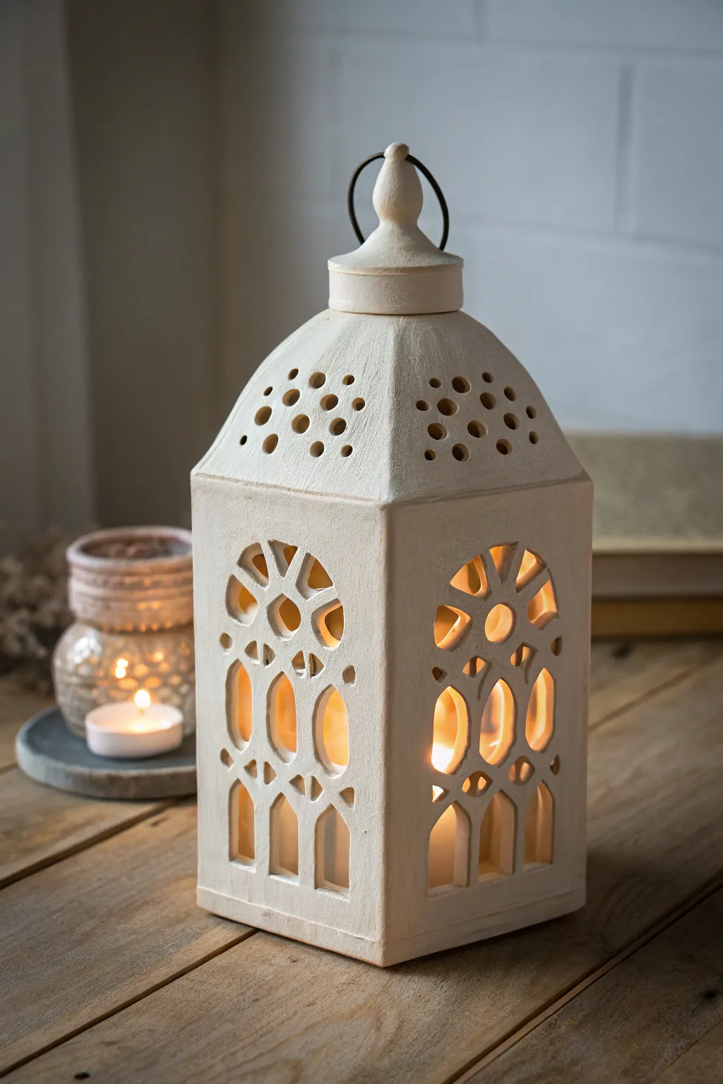 Simple slab lantern with clean cutout windows, glowing warmly in a calm Scandinavian setting