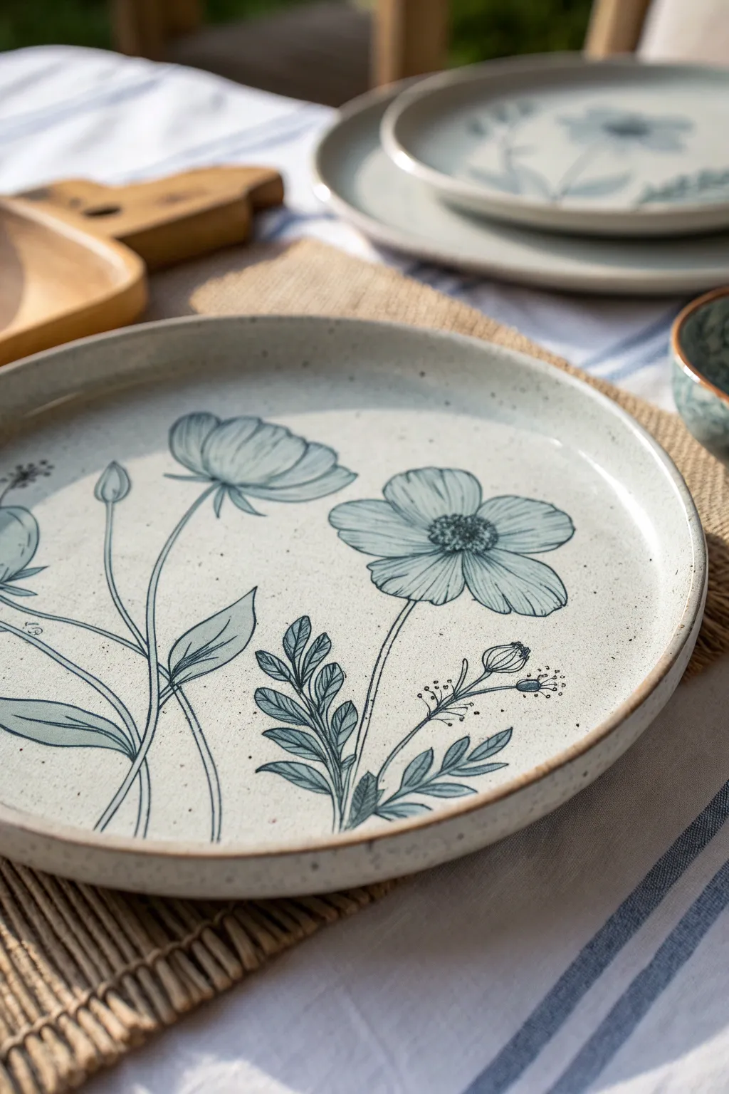 Monochrome floral plate with soft shading for depth, clean petals, and airy minimalist charm.