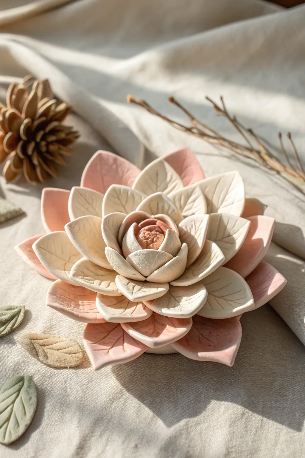 Veined petals and subtle leaf texture make this simple clay flower feel handcrafted and serene.