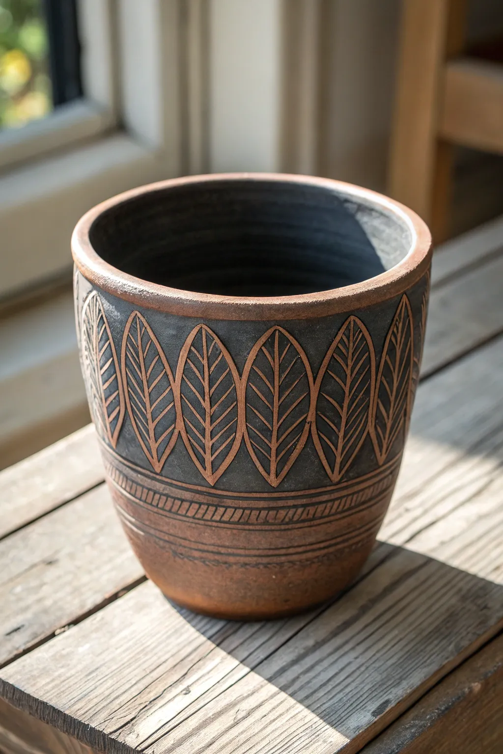 Matte charcoal sgraffito flower pot with simple carved patterns for an earthy, handmade look