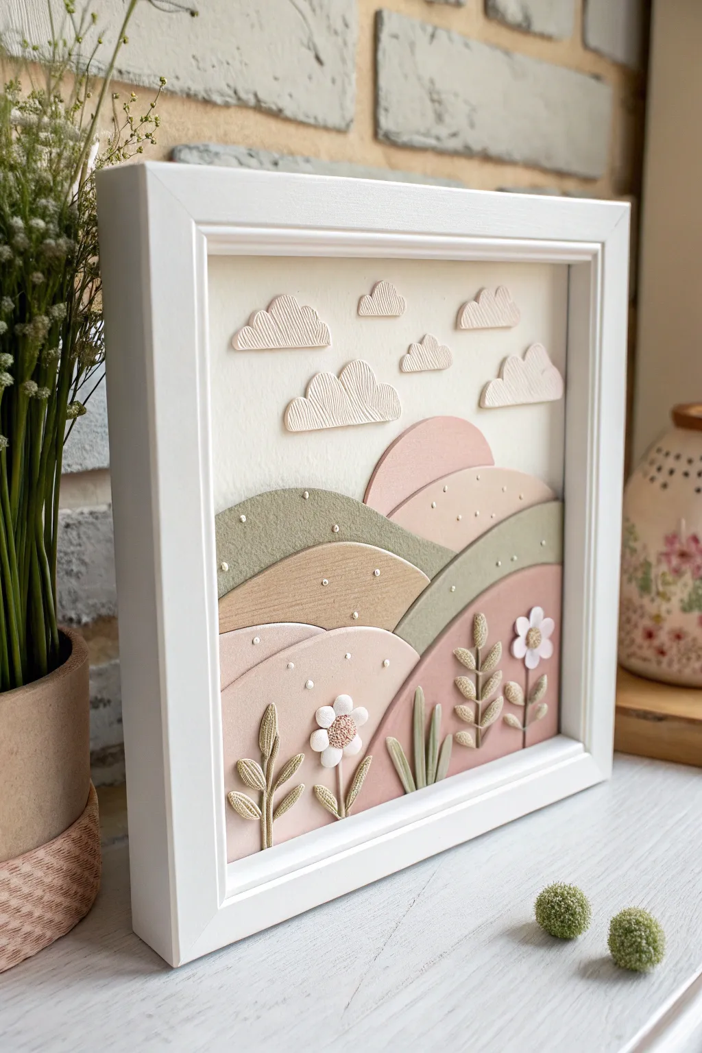 Minimal 3D foam clay shadow box landscape with soft layers, clean frame, and cozy contrast