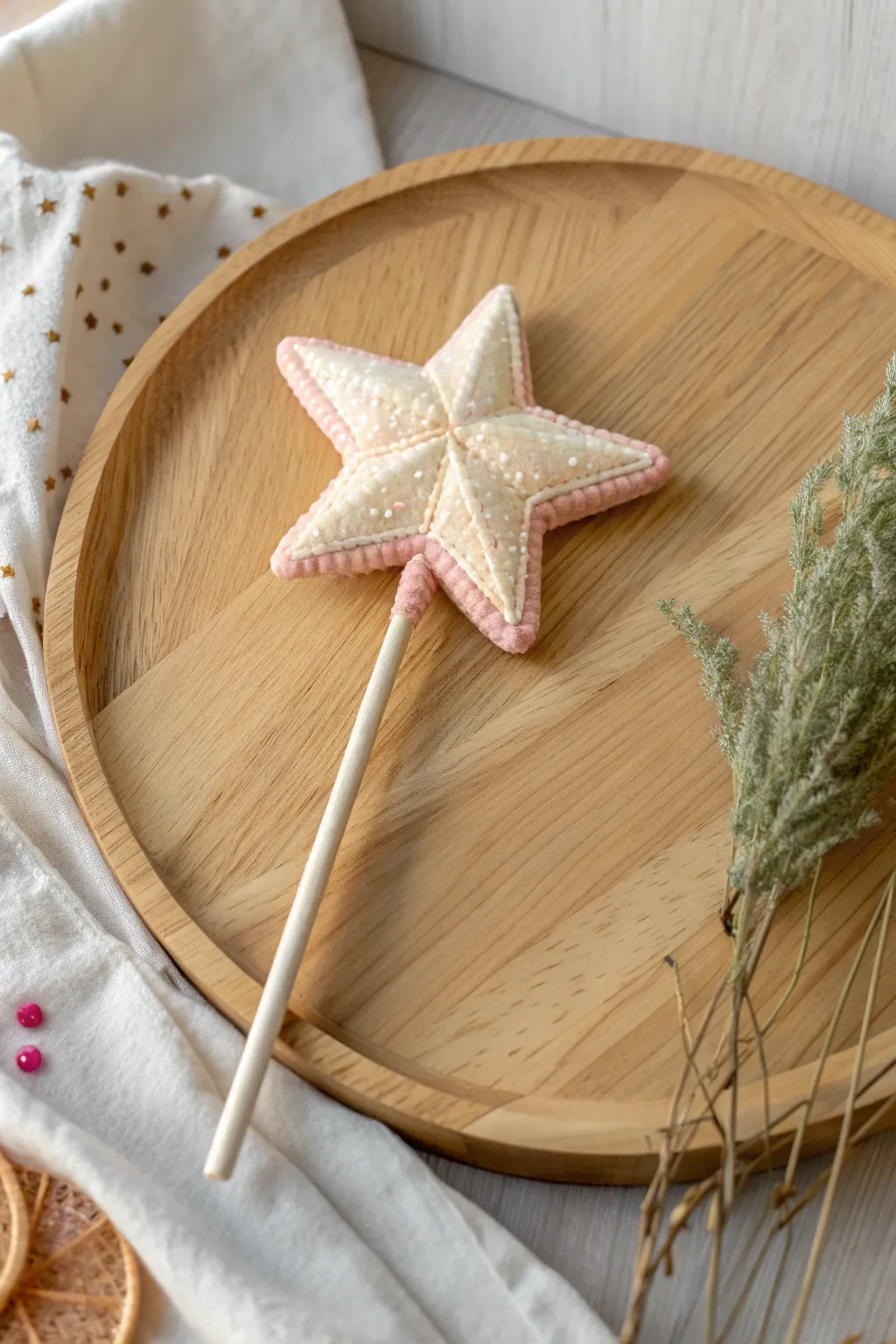 Soft blush foam clay star wand on a pale wood tray, minimalist boho craft inspiration.