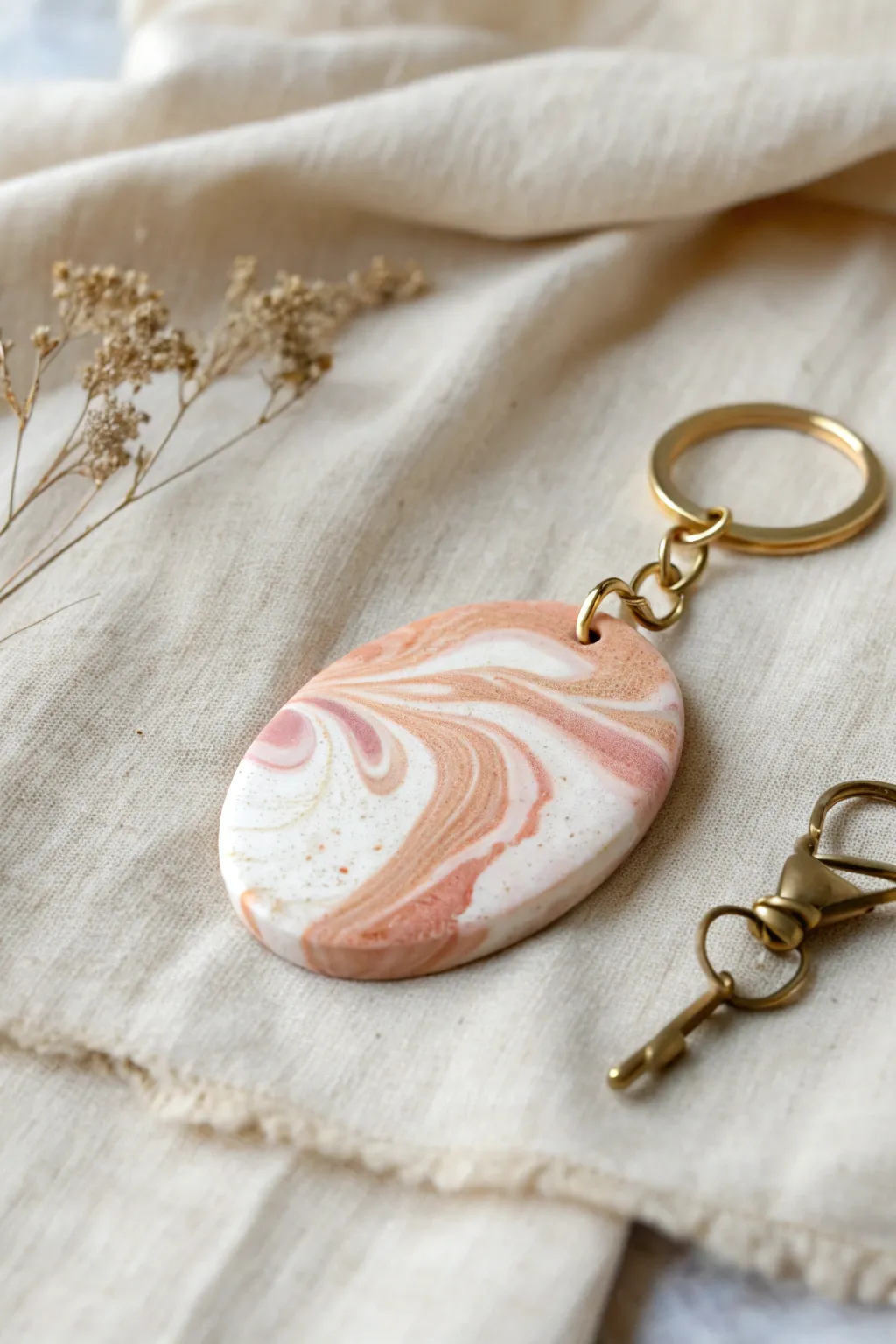 Soft marbled foam clay pebble keychain in blush, terracotta and cream, minimalist boho vibe.