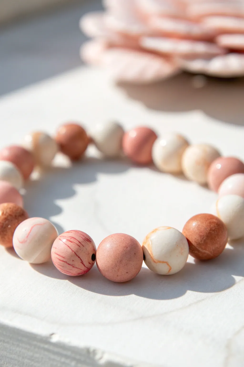 Chunky marbled clay beads in soft blush and cream, strung into a simple kid-made bracelet.