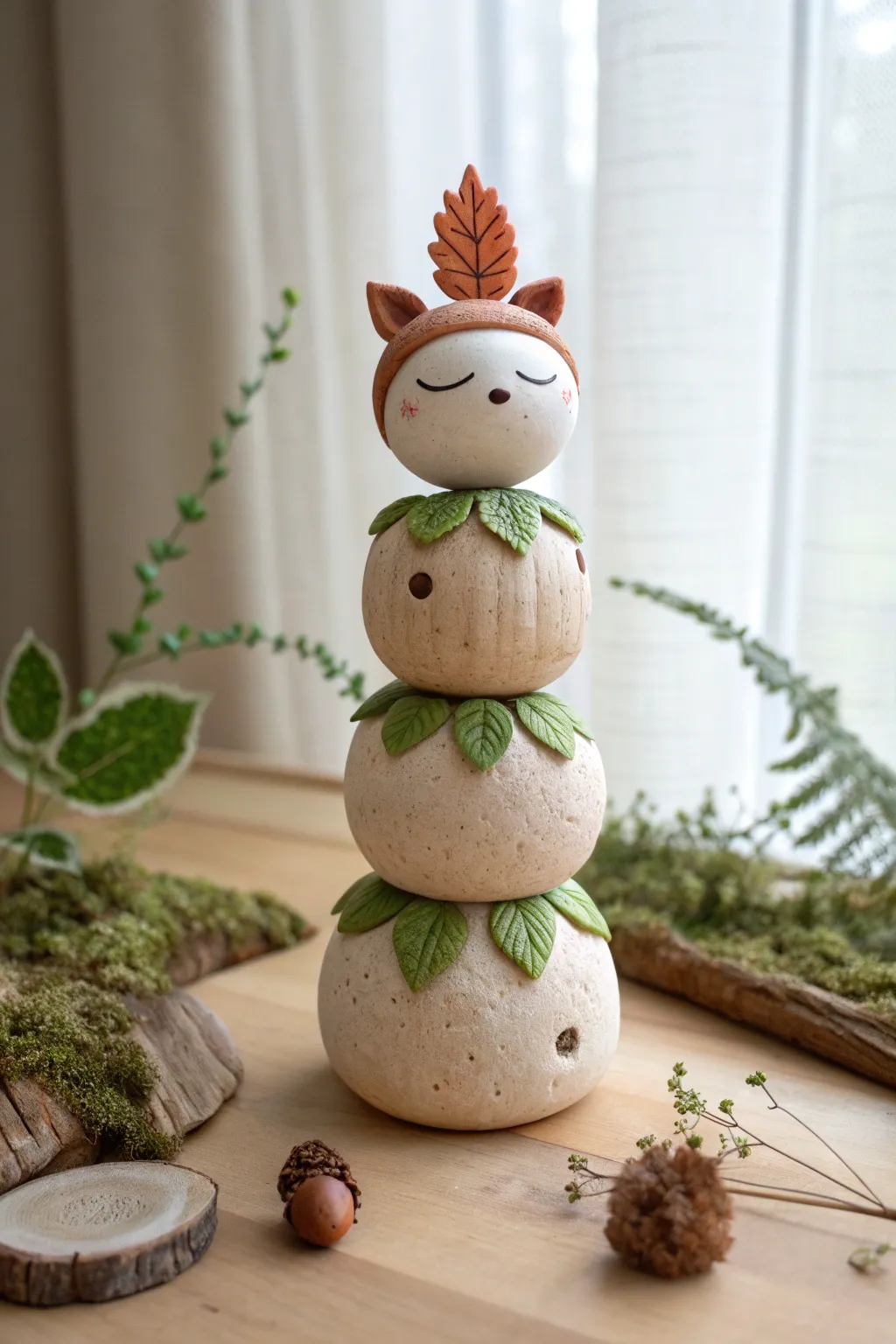 Whimsical forest guardian totem in earthy clay, stacked shapes and a tiny spirit face on top.