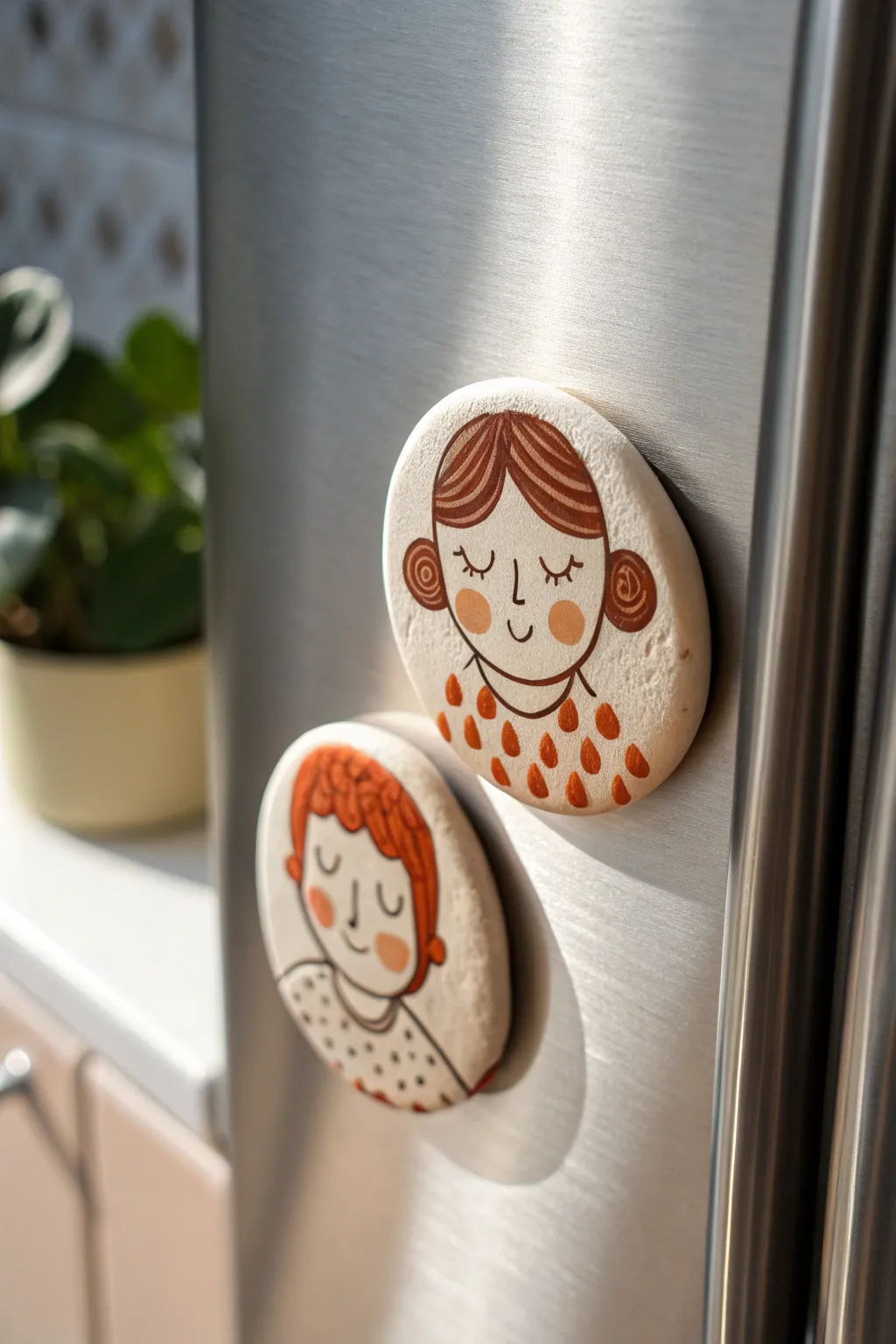 Mini clay portrait magnets side by side, a sweet friendship keepsake in clean minimalist style.