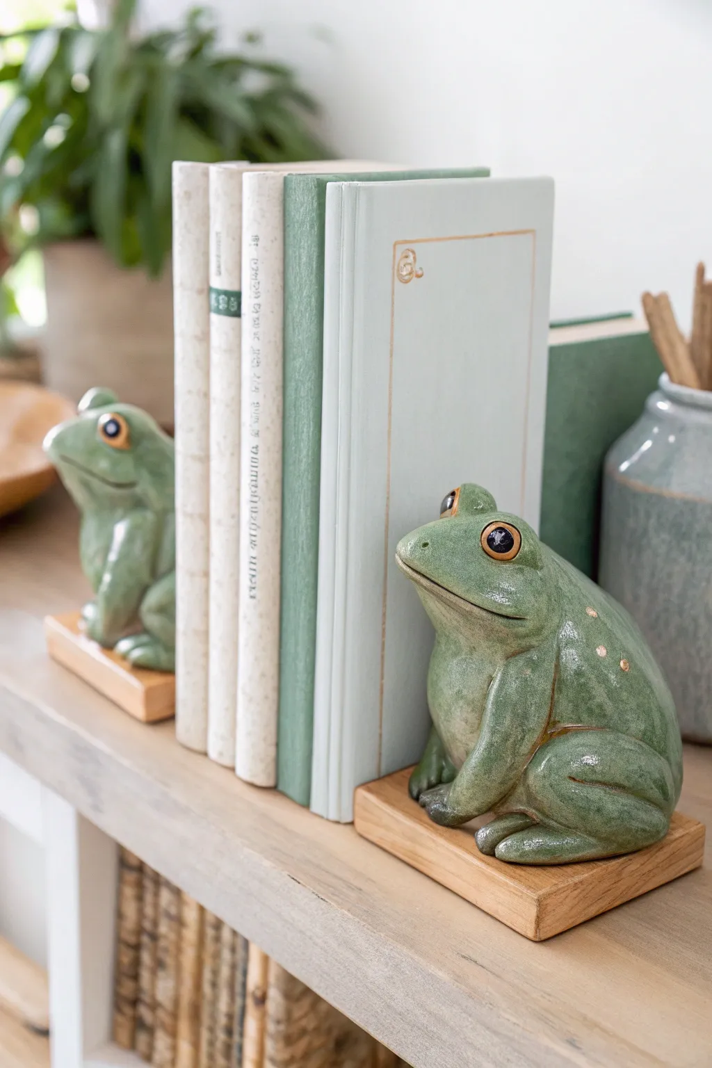 Chunky frog pottery bookends that add playful charm to a calm, minimalist bookshelf