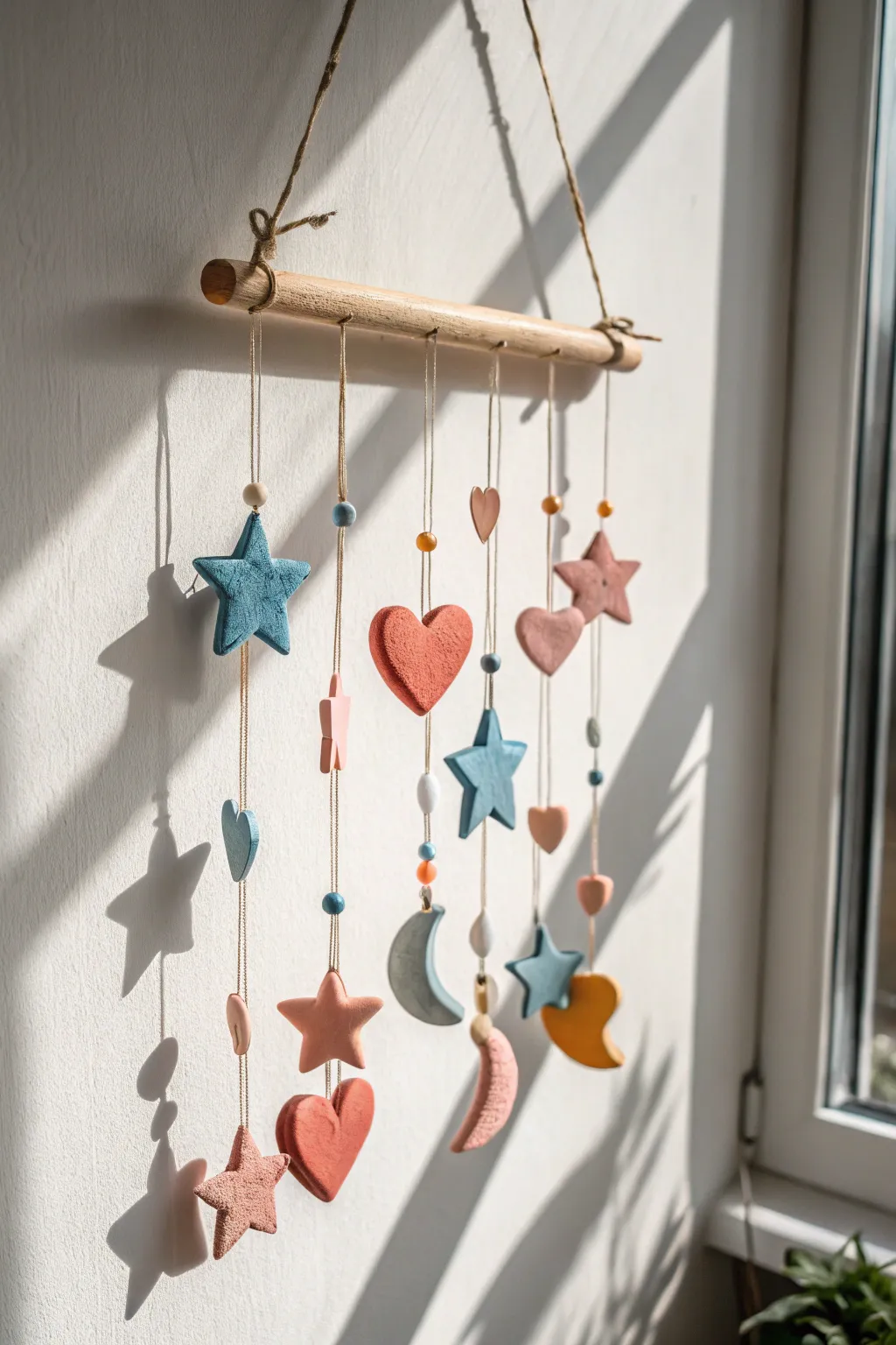 Colorful clay stars, moons and hearts make a calm, dreamy mobile kids can proudly hang.
