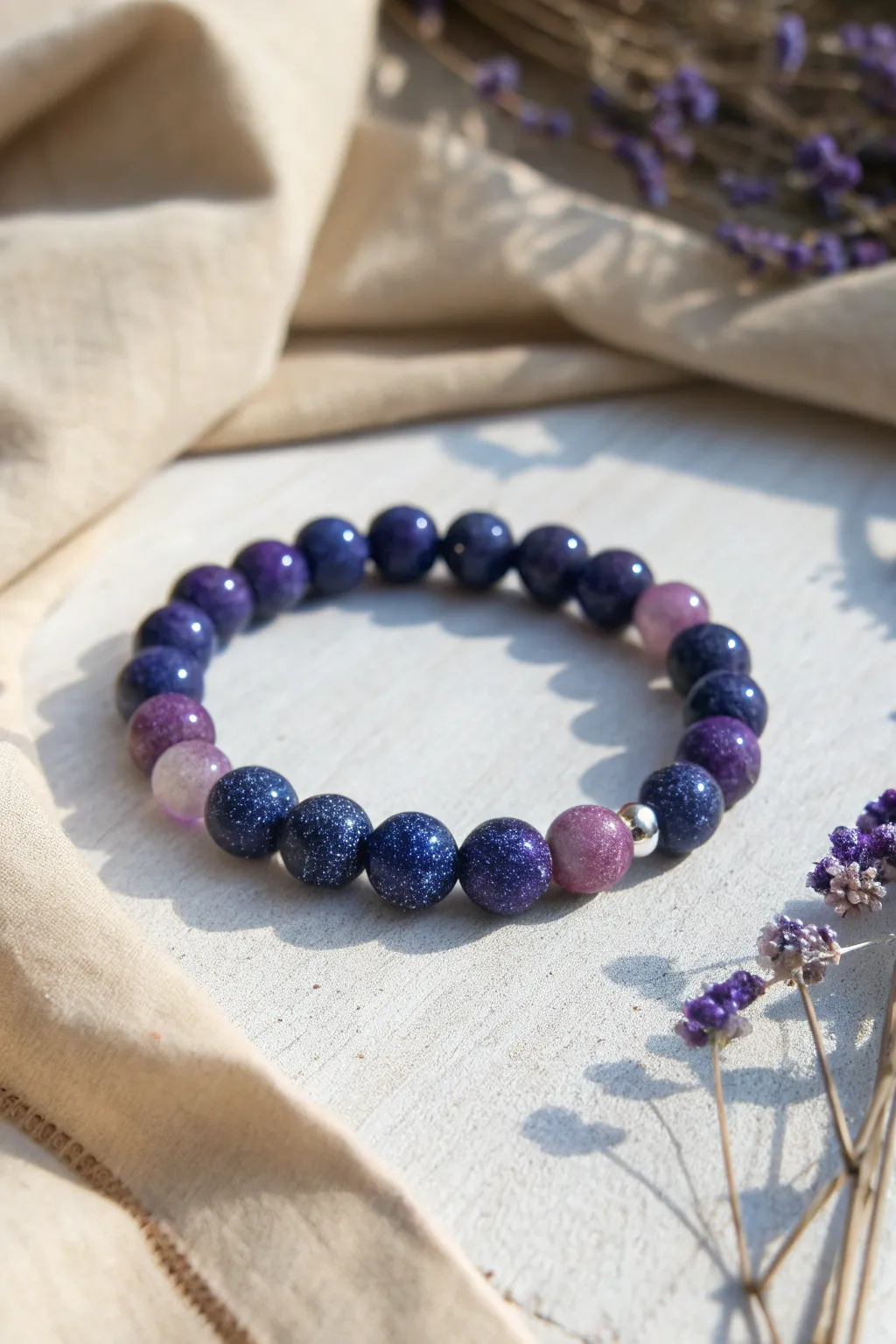 Galaxy gradient polymer clay bead bracelet, minimalist flat lay with starry speckles.