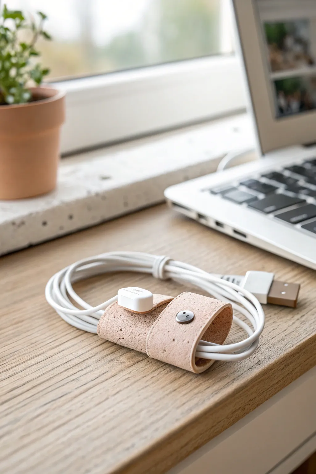 Keep charging cables tidy with a cute handmade polymer clay cord clip in soft Scandinavian tones