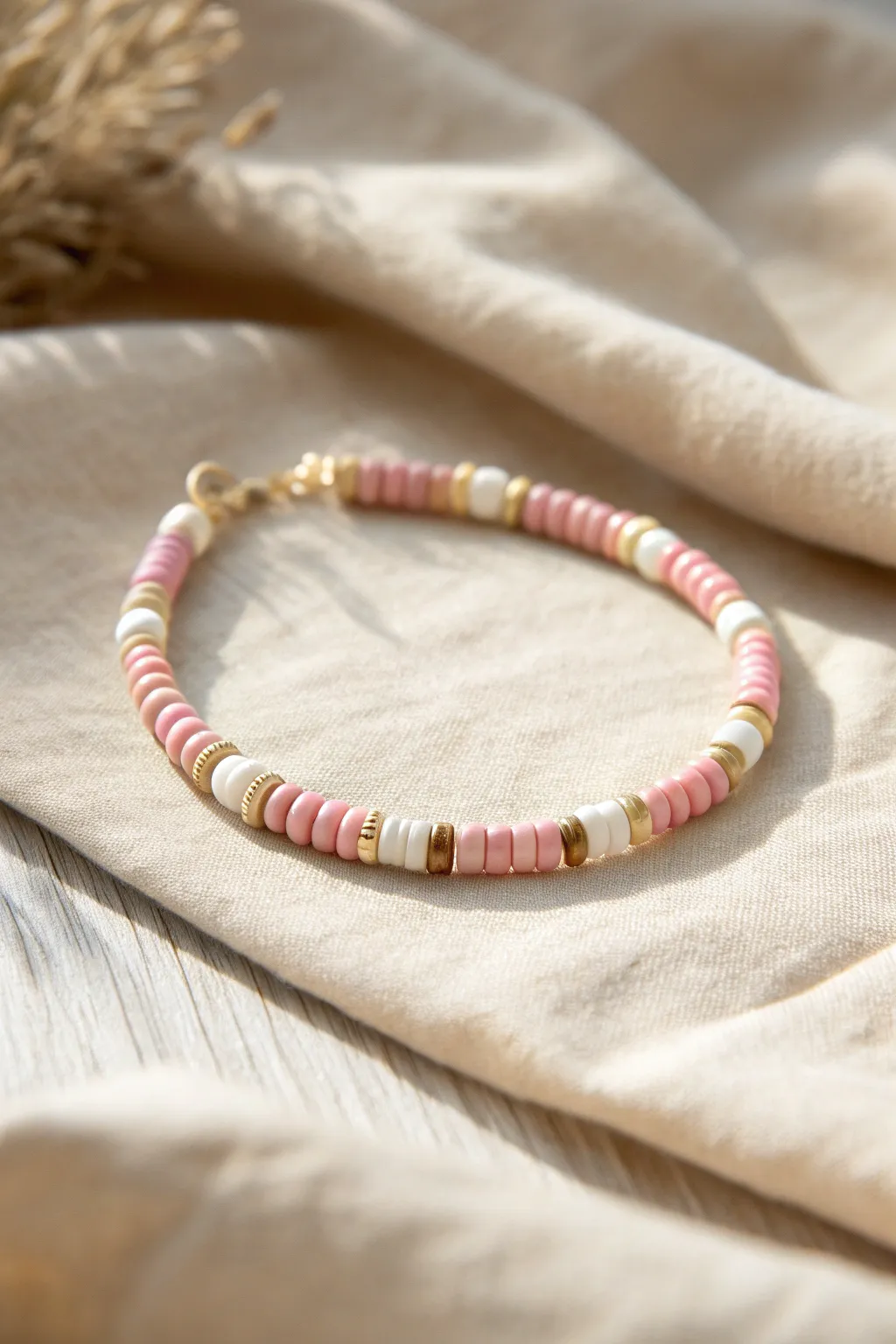 Sweet checkerboard heishi bracelet in blush and cream, minimalist and boho for easy DIY charm.