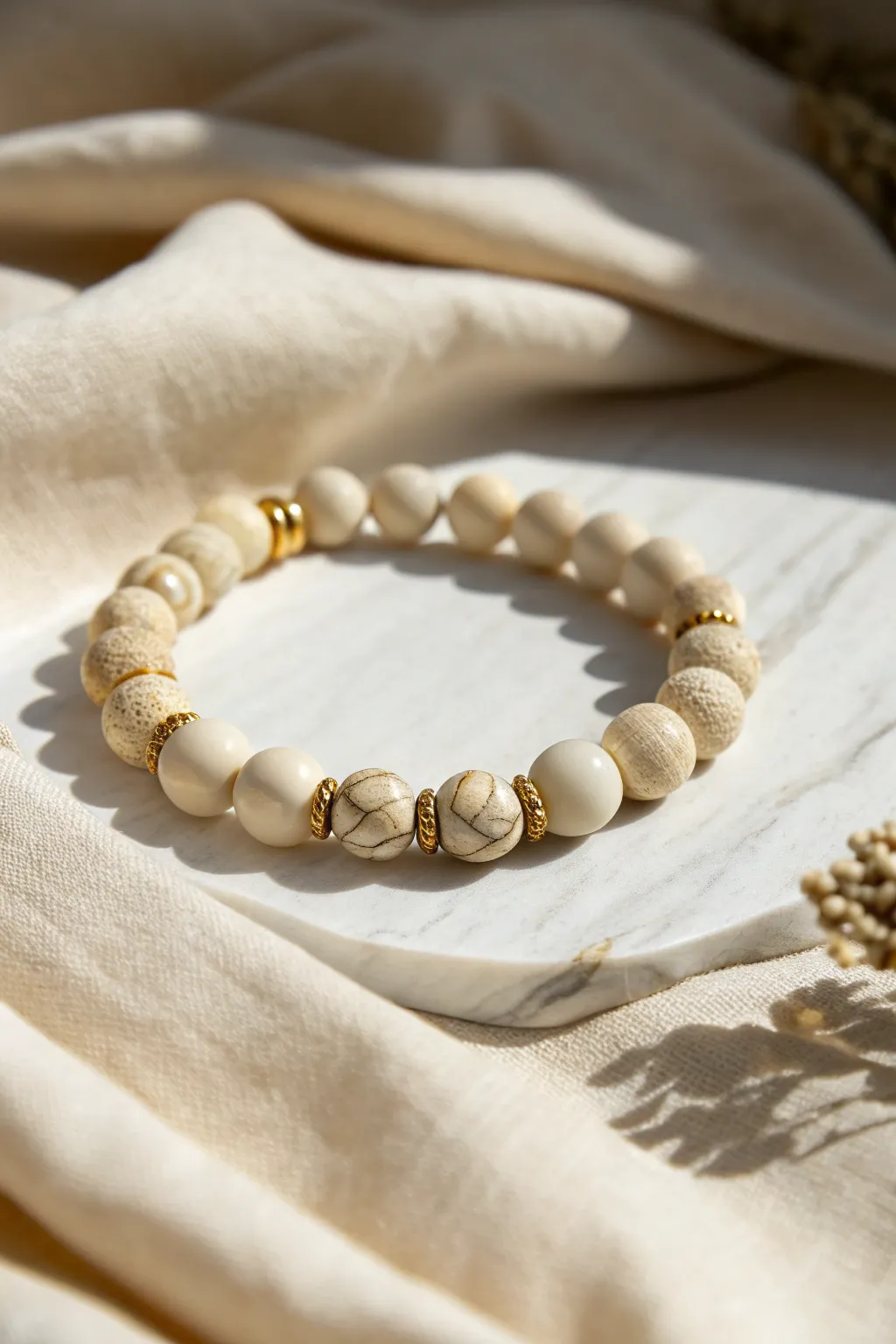 Minimal clay bead bracelet with subtle kintsugi-style gold lines and calm neutral heishi beads.
