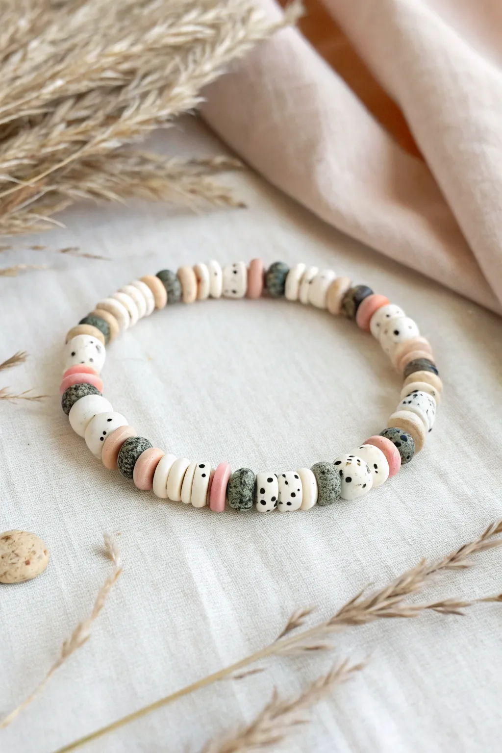 Faux terrazzo clay heishi bracelet with soft neutrals and clean Scandinavian flatlay contrast.