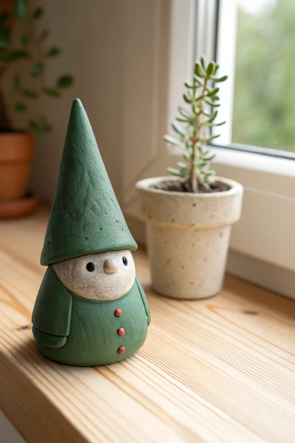 Beginner-friendly forest gnome with a bold green hat, styled in calm Scandinavian boho.