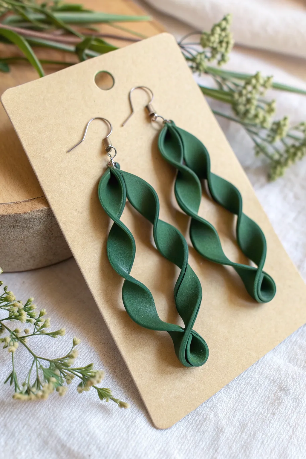 Seaweed wavy hoop earrings in deep green polymer clay, satin finish, minimal handmade boho chic