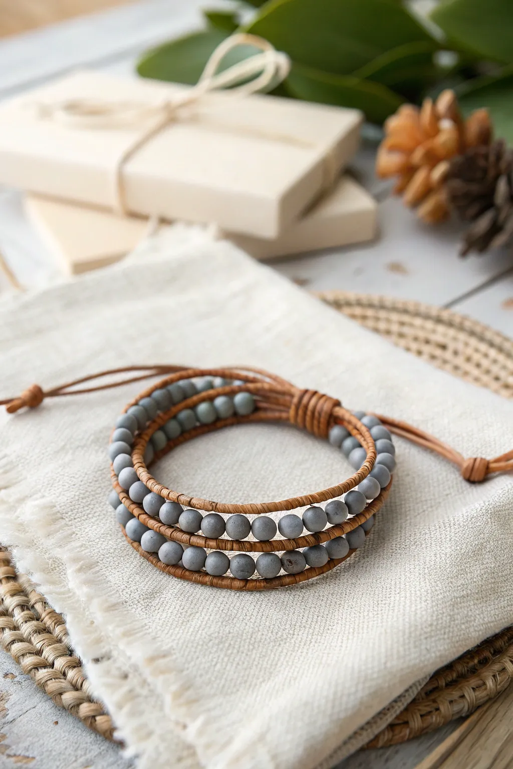 Soft grey clay beads on leather cord, wrapped twice for an easy minimalist boho statement.