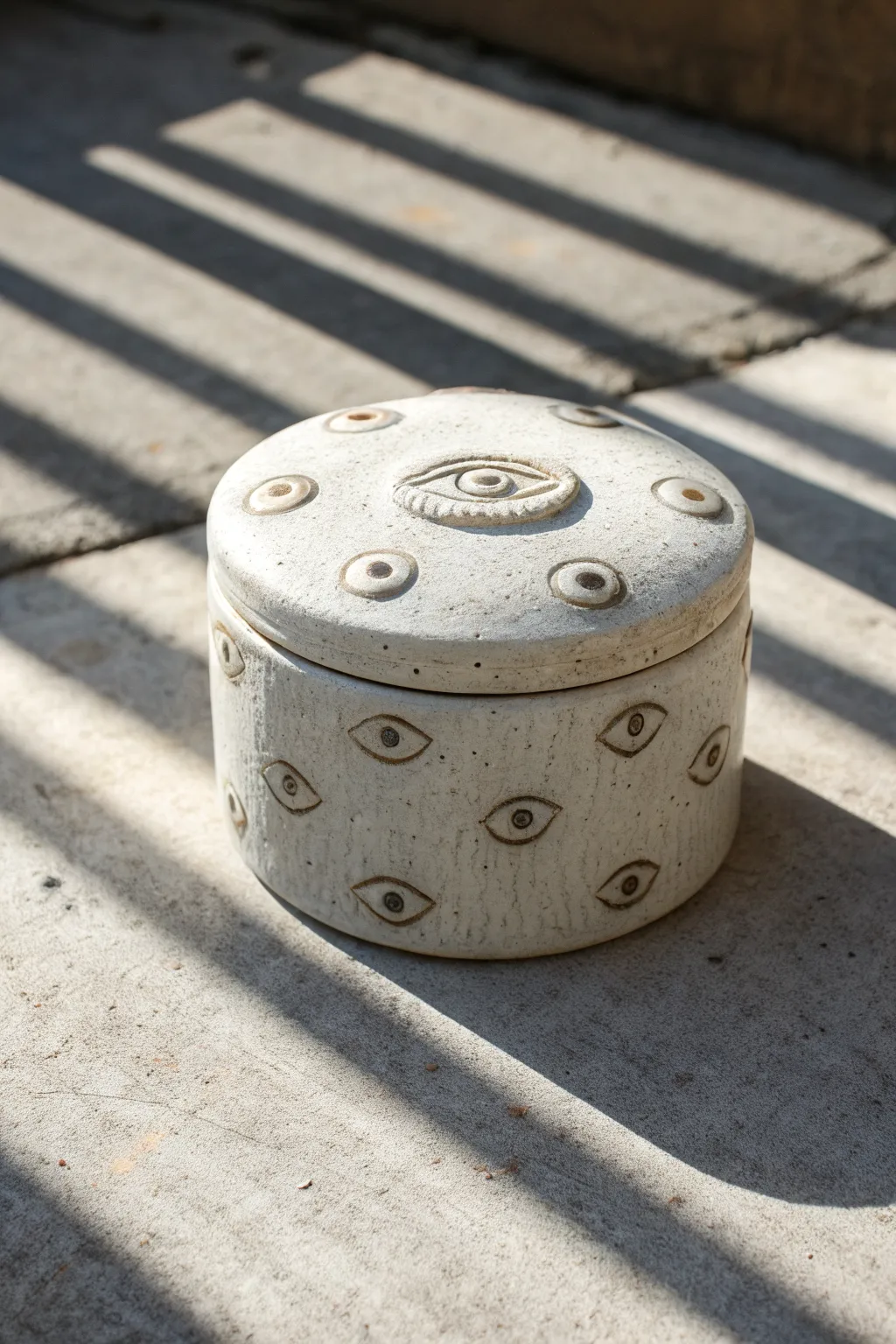 Eerie eye-studded clay secret box with a grungy wash, minimalist styling and bold light.