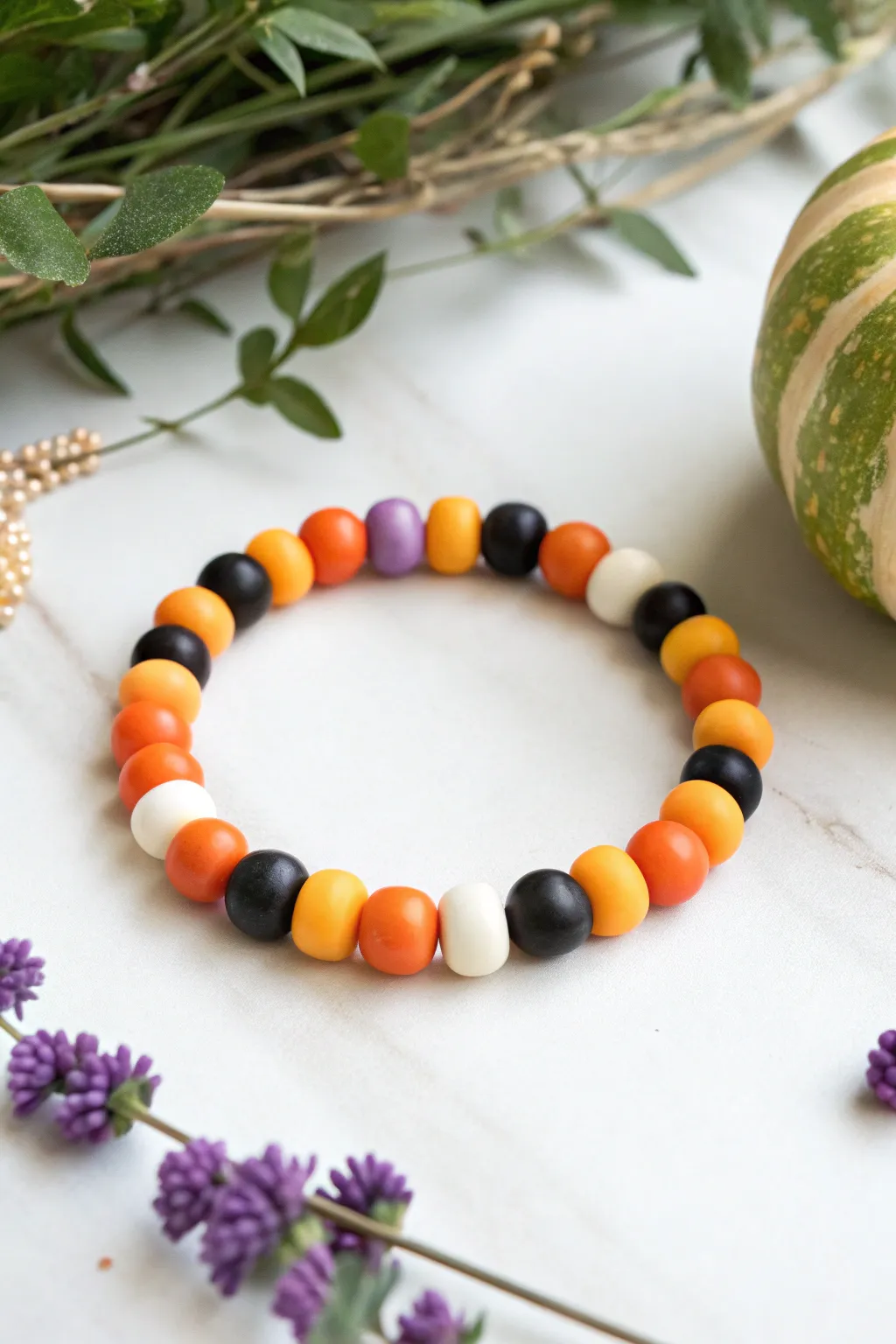 Half sweet, half spooky: a minimalist clay bead bracelet in candy corn and Halloween hues.