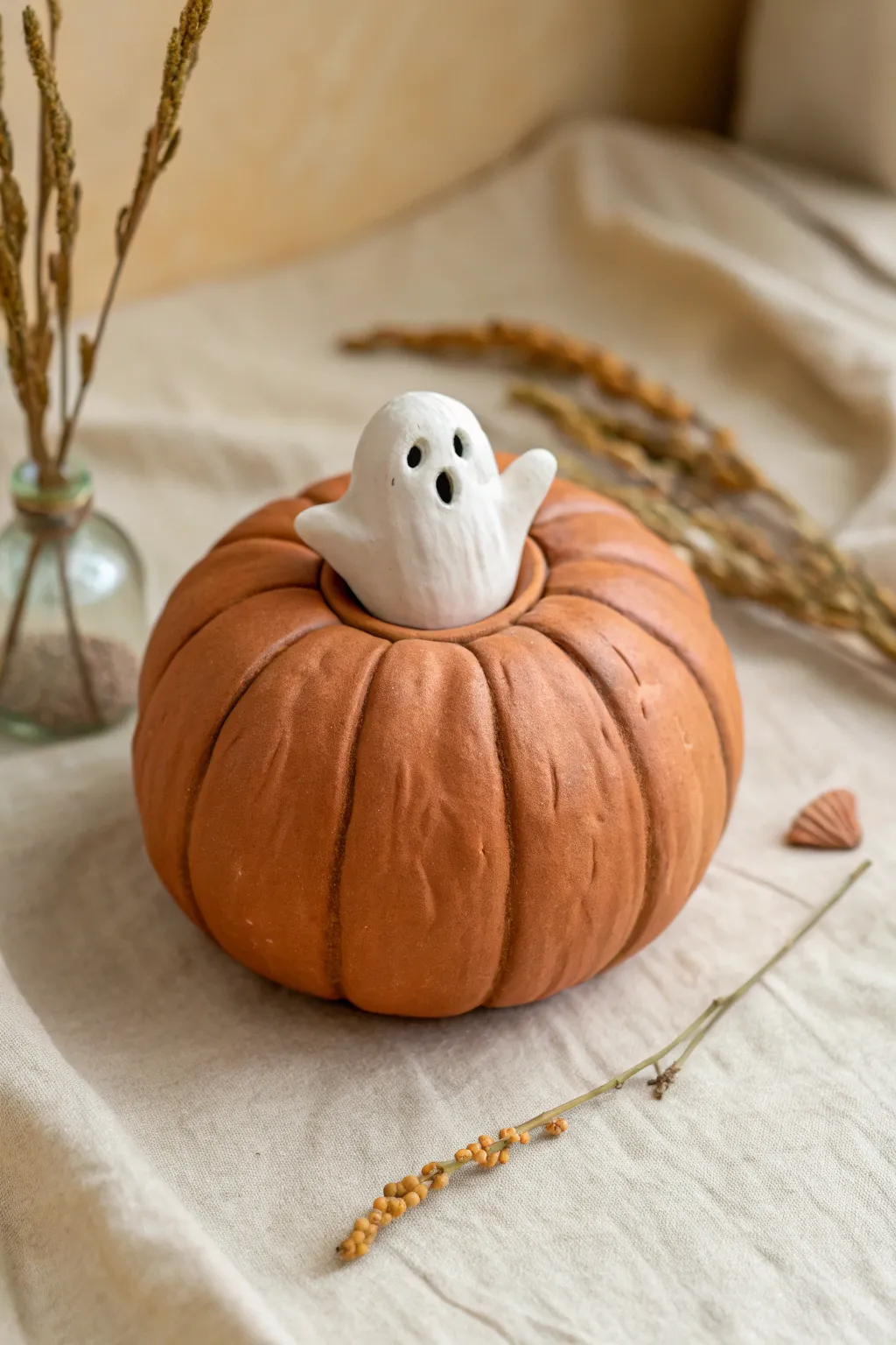 A sweet clay pumpkin with a tiny peekaboo ghost inside, simple shapes and cozy autumn vibes.