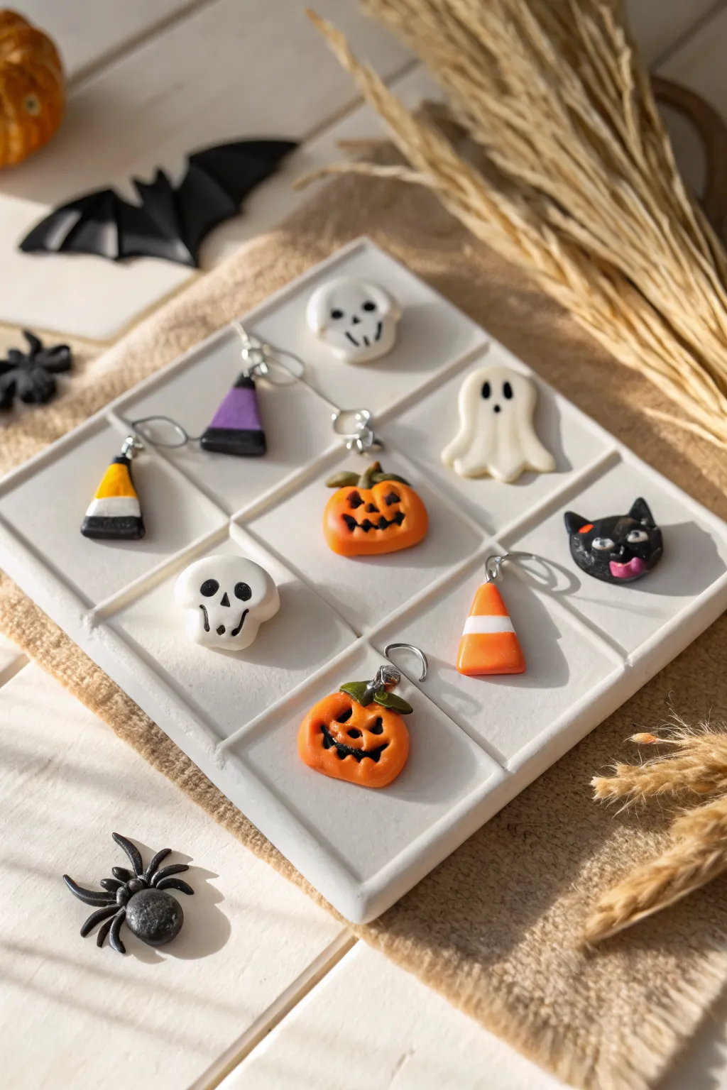 Mini Halloween clay charms in a clean grid, cozy minimal palette, and satisfying handmade detail.
