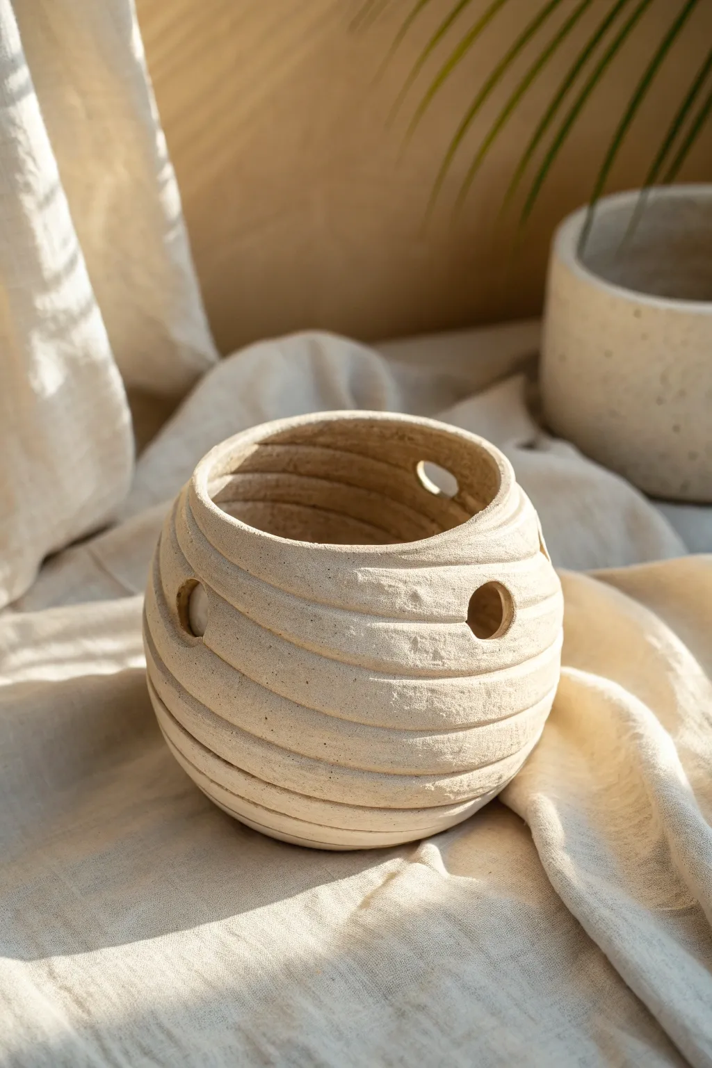 Cozy mummy wrap pinch pot with simple peeking eyes, warm light, and minimalist autumn vibes