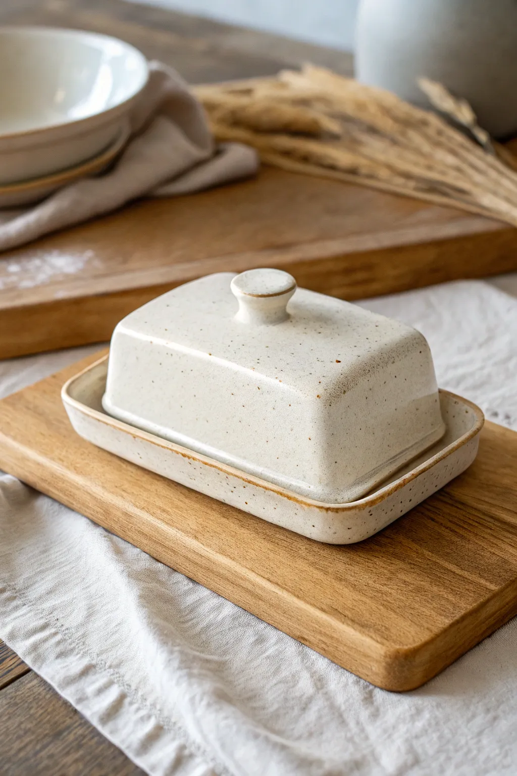 Crisp-edged slab butter dish in satin white, styled simply on pale oak for calm Nordic charm.