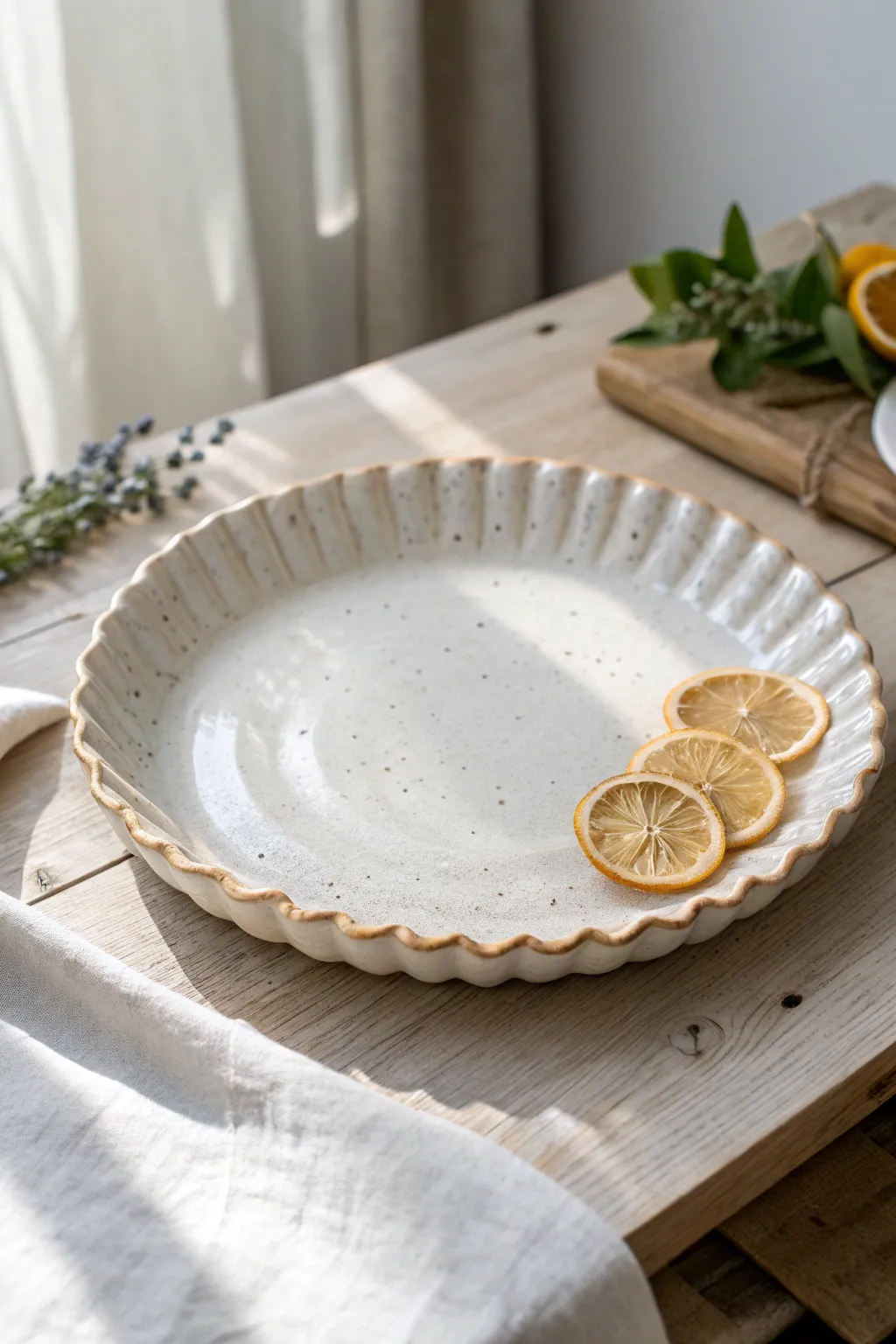 Ruffled-edge hand-built platter styled with citrus for an easy, elegant clay project.