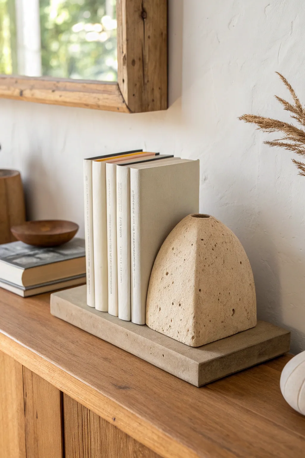 Chunky handmade clay bookends bring cozy minimalist charm and keep your shelf neatly styled.