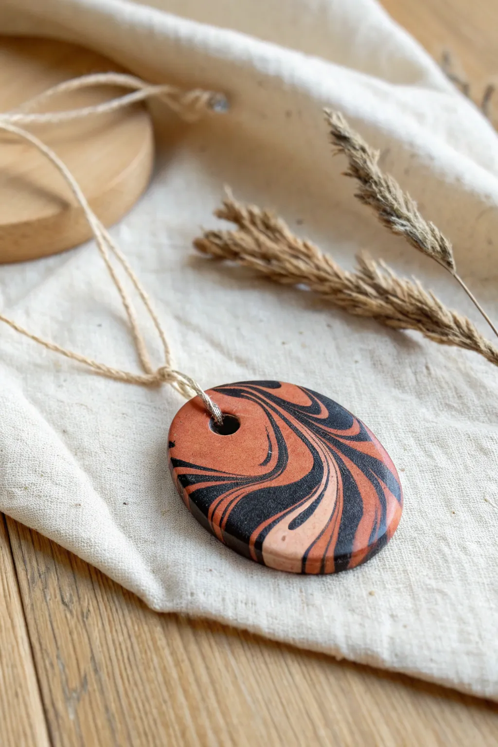 Bold marbled polymer clay charm on simple cord, a minimalist boho pendant for easy DIY inspiration