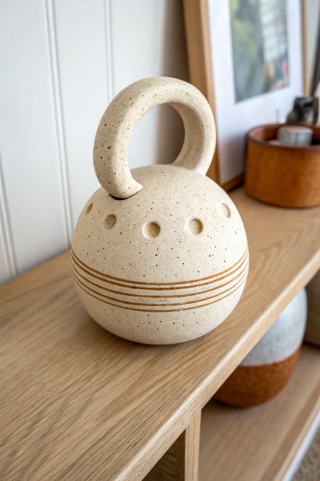 Closed-form clay rattle with carved details, styled as a calm minimalist sculptural piece
