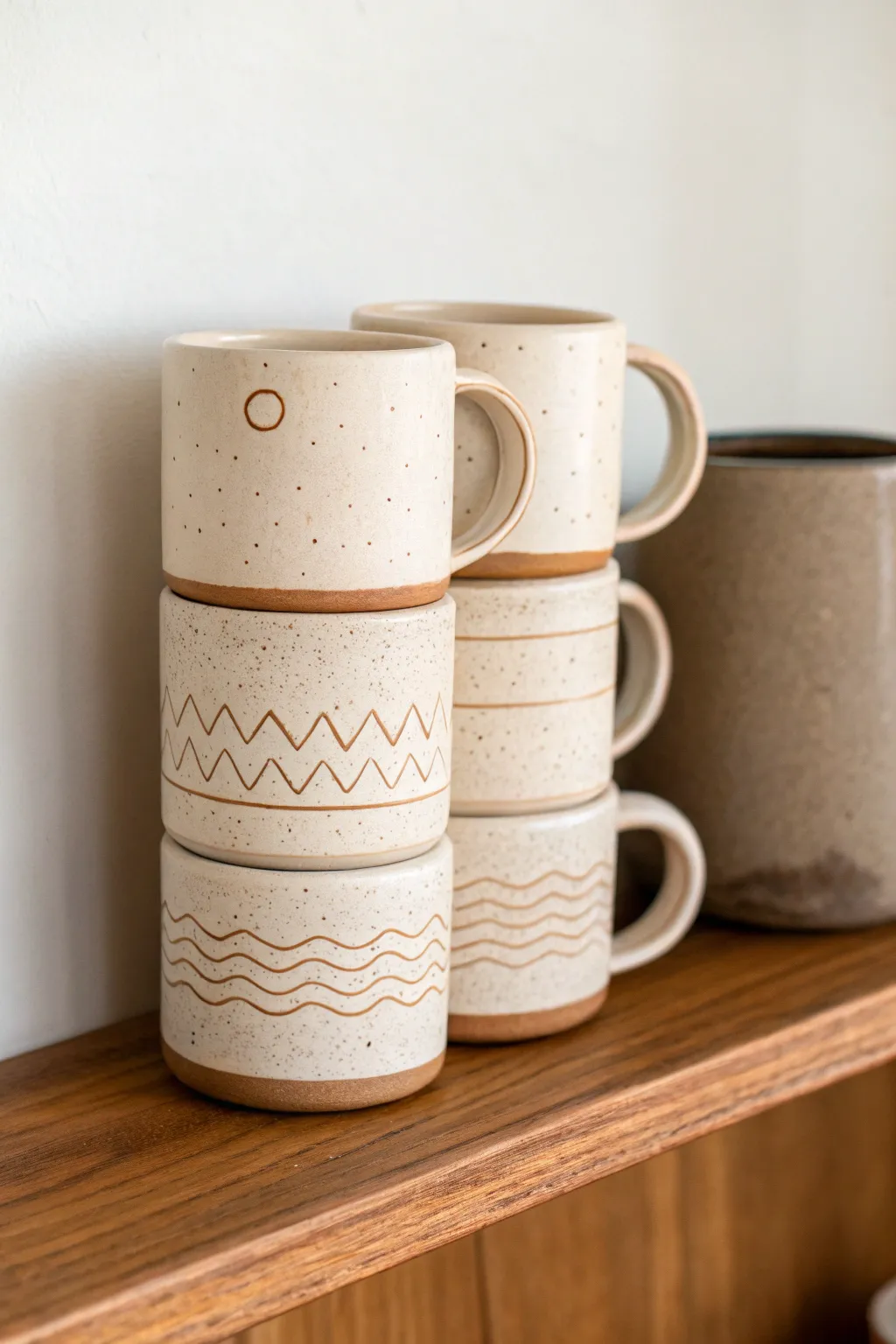 Stackable handmade clay mug totem set with simple textures, calm Scandinavian charm.