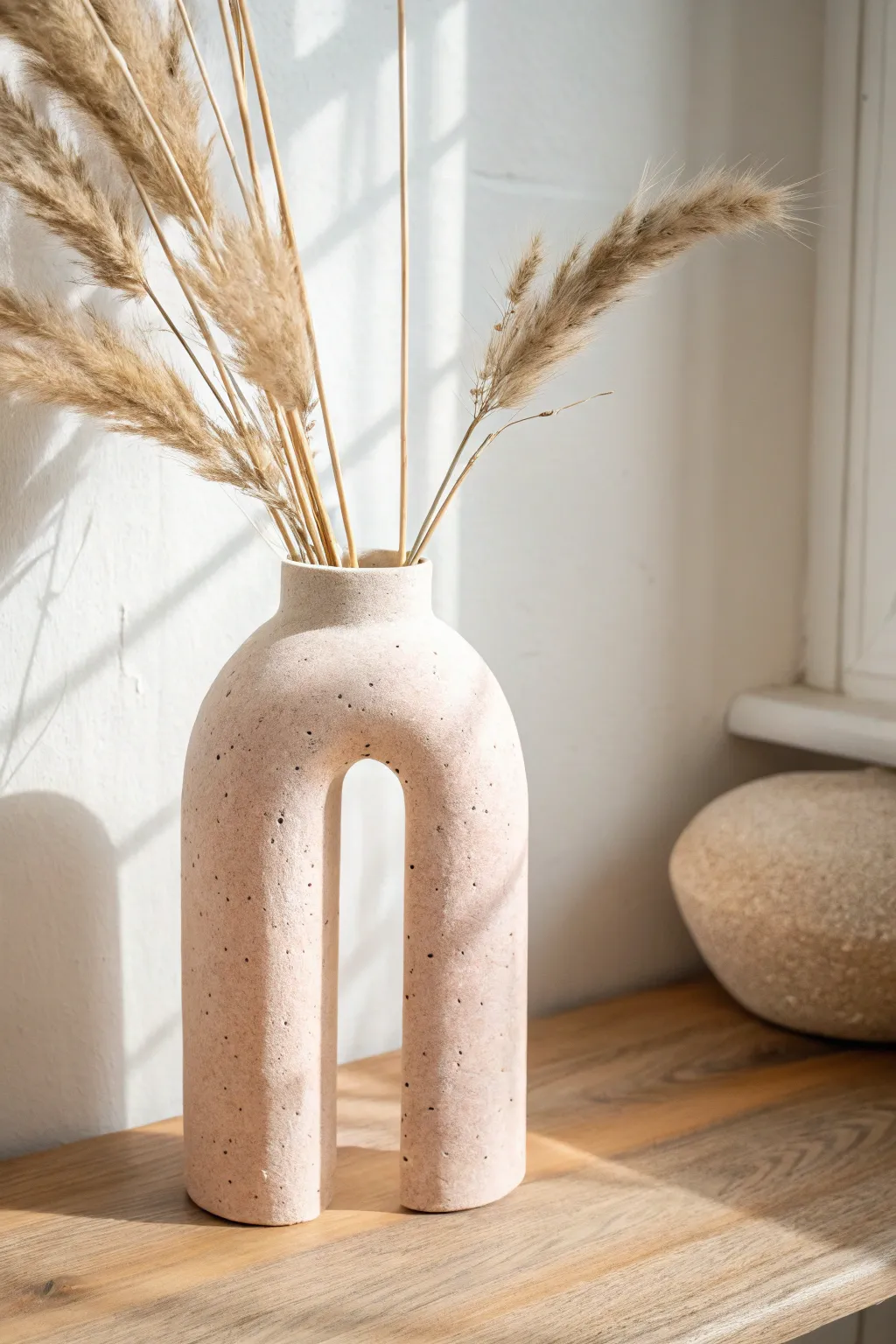Soft pastel arch vase with airy dried stems for a calm Scandinavian boho moment