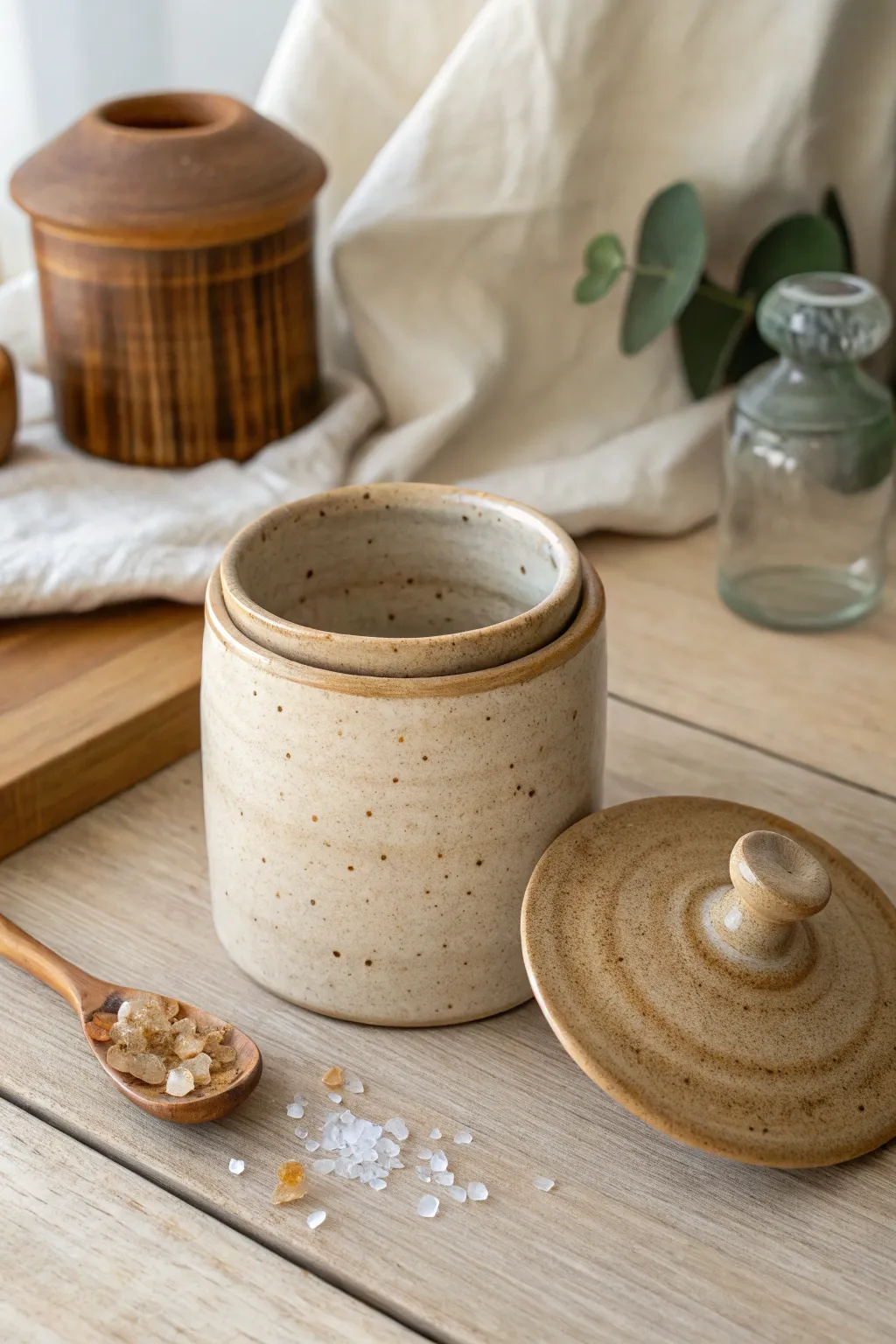 A cozy handmade lidded jar in warm neutrals, perfect for salt, tea, or little secrets.