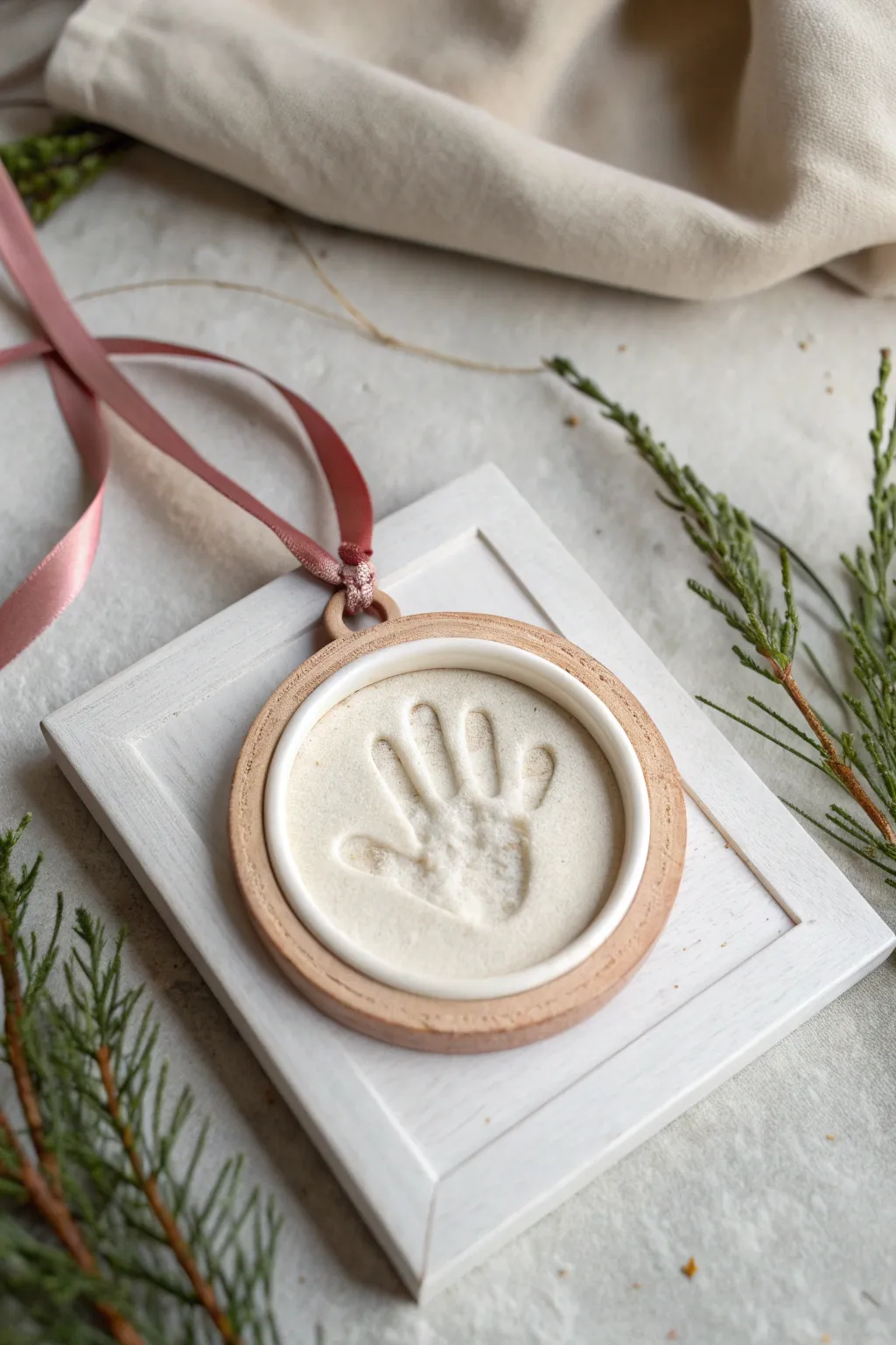 Minimal polymer clay handprint frame ornament in soft neutrals with velvet ribbon, timeless keepsake.