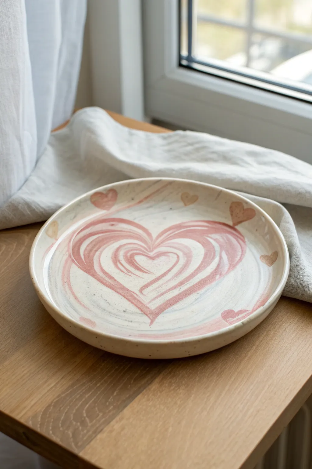 Minimal marbled heart plate in blush, white, and gray for a sweet Scandinavian look