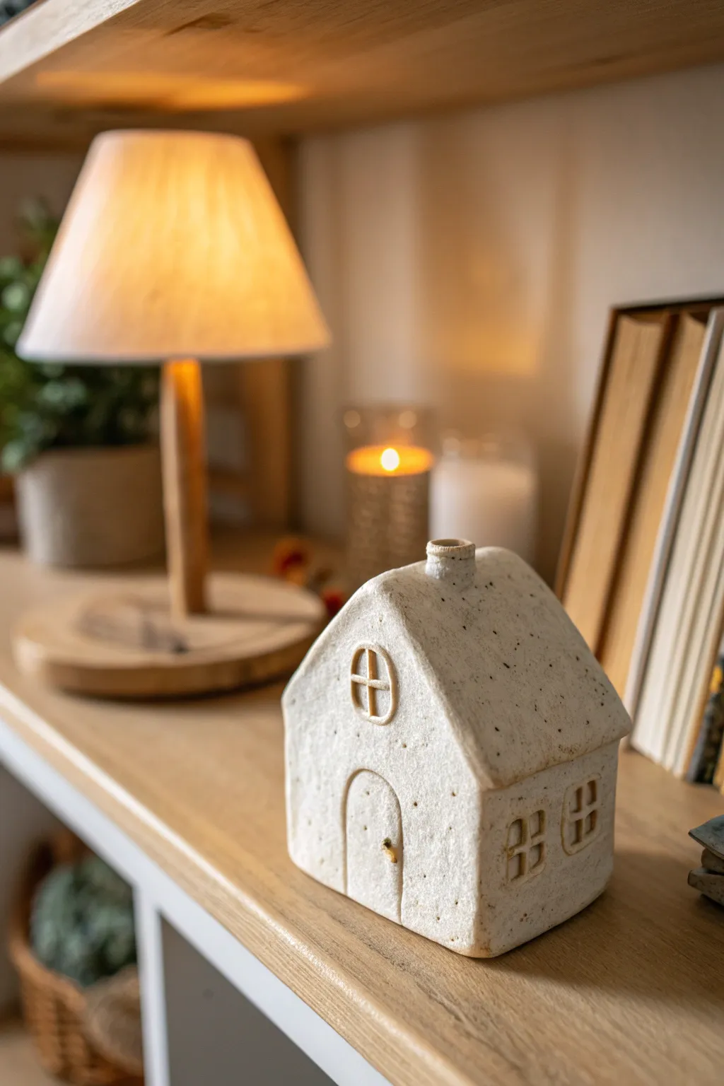 Easy mini clay house ornament for your shelf, cozy warm light and minimalist Scandinavian vibes.