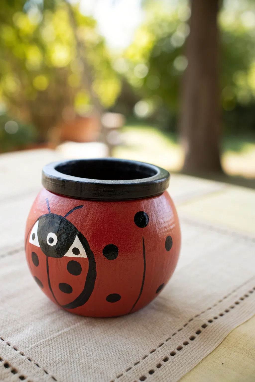 Easy painted ladybug clay pot with simple dots, styled outdoors with soft green bokeh