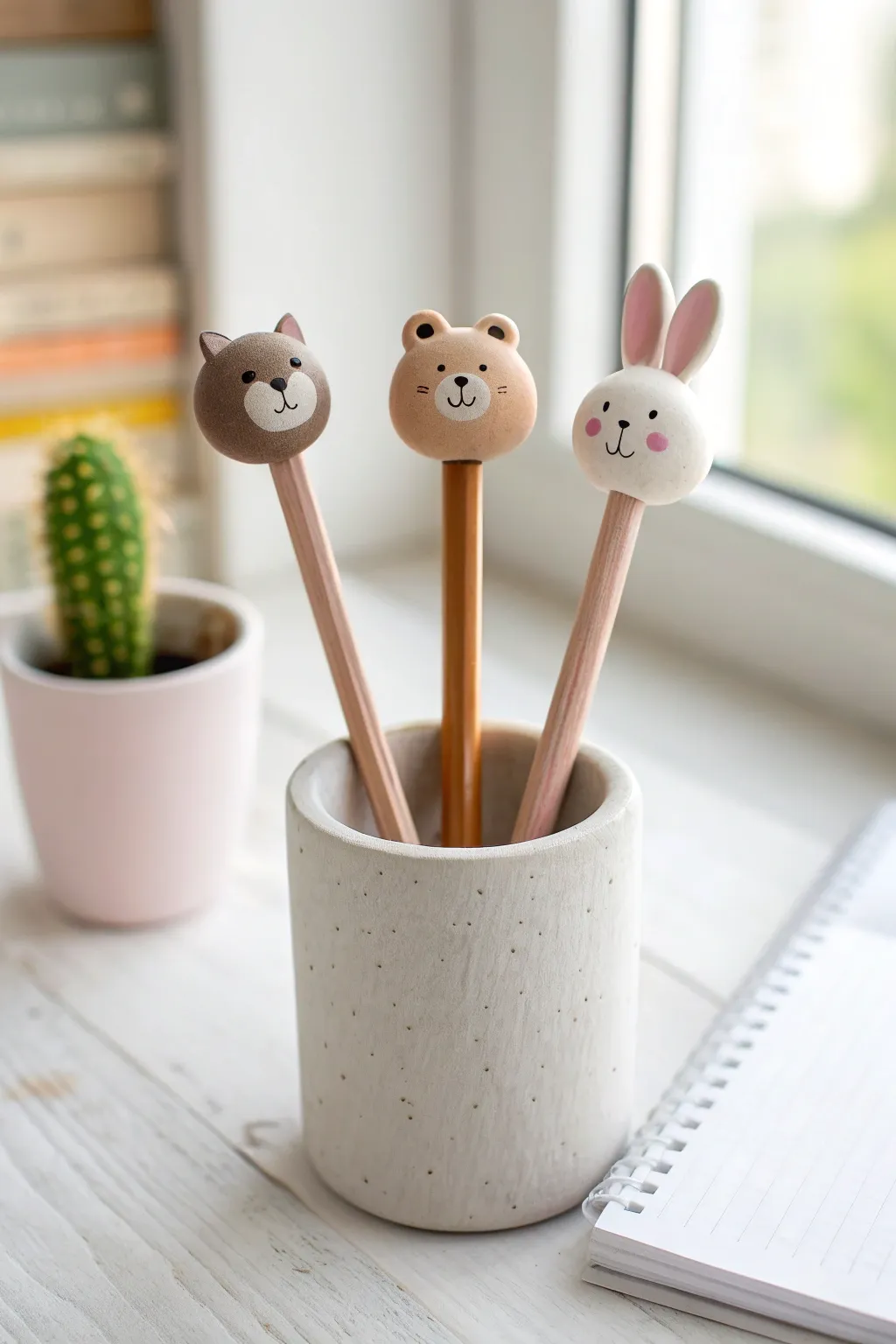 Cute air dry clay animal pencil toppers in a minimalist cup for a sweet desk refresh
