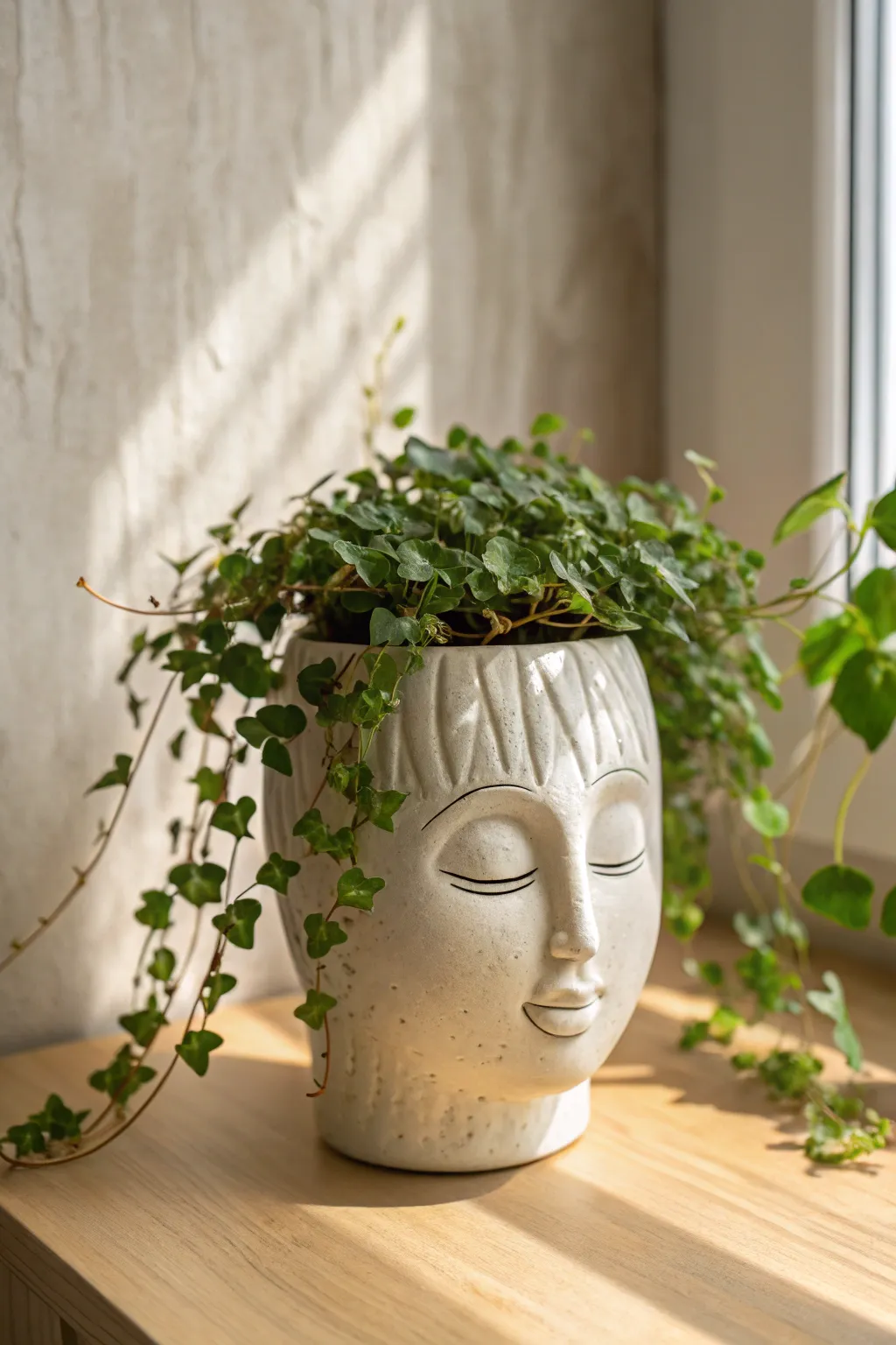 Minimal face planter with lush ivy hair, a simple Scandinavian-boho accent for any shelf