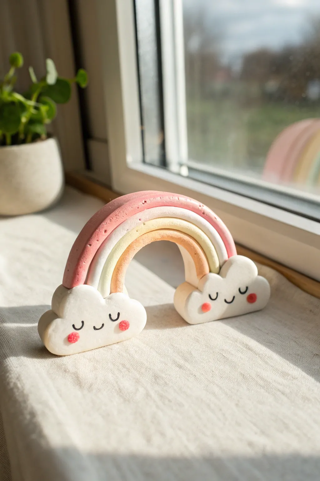 Sweet kawaii clay rainbow with puffy cloud cheeks, matte pastel bands, and cozy minimalist styling