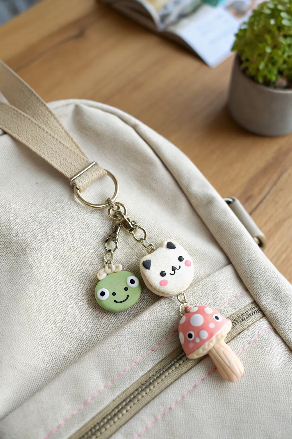 Tiny kawaii clay charms on a backpack strap, soft pastels with clean Scandinavian calm.