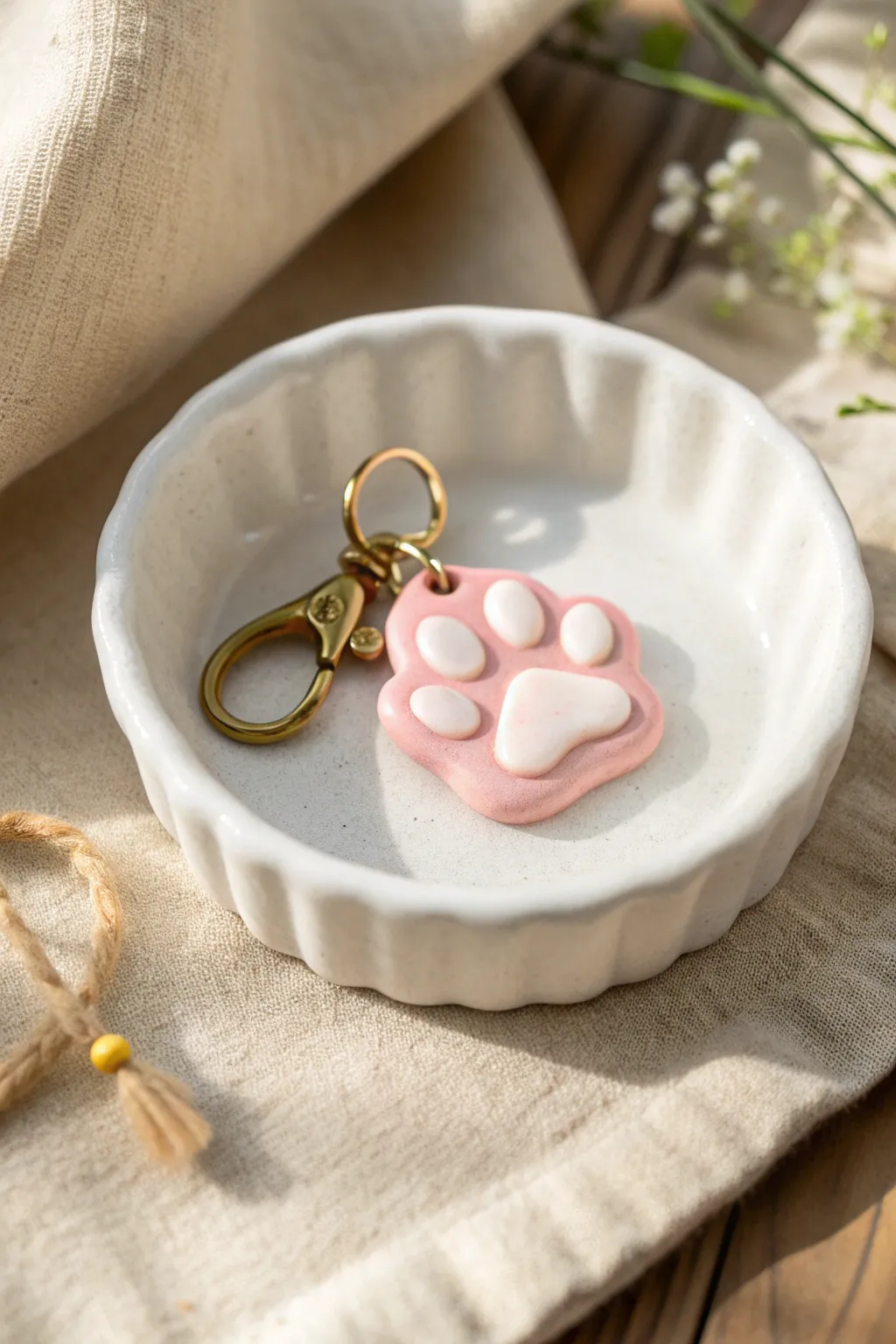 Sweet blush cat paw charm with simple bean toes, minimalist Scandinavian styling and soft boho vibes.