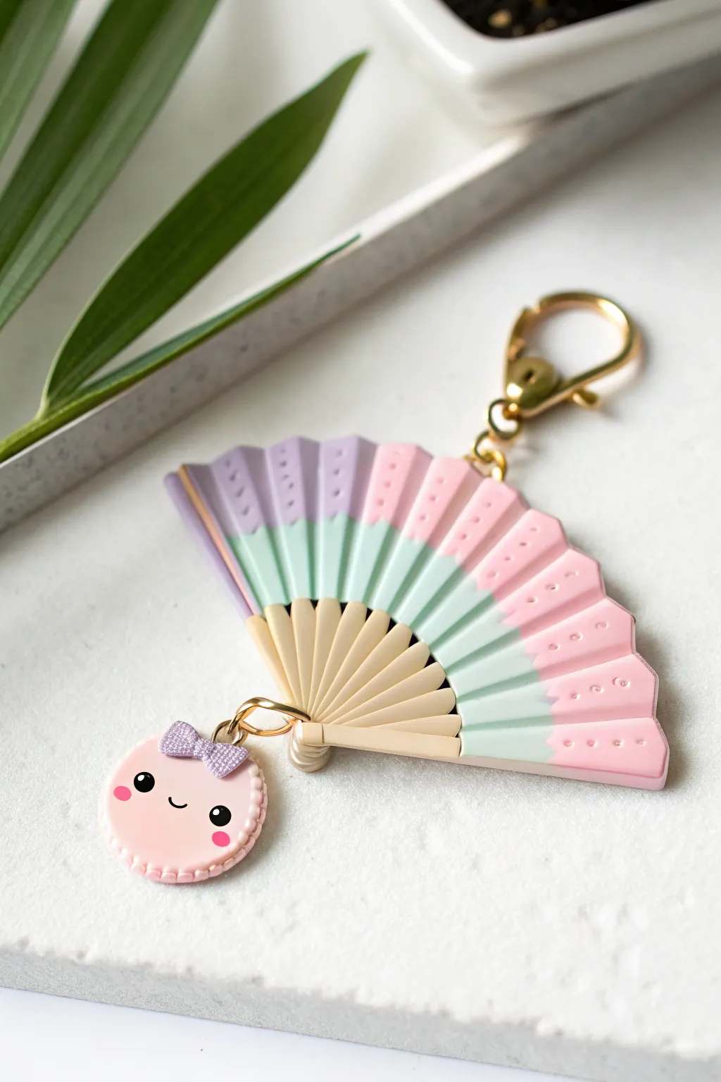 Mini pastel polymer clay hand fan charm with kawaii face, clean minimalist Scandinavian styling.