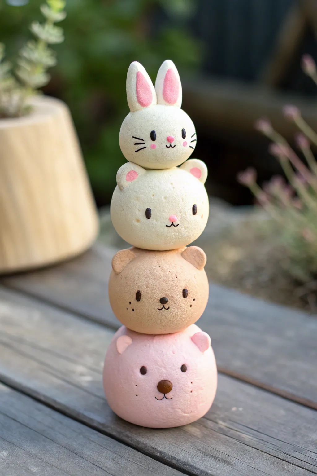 Stackable kawaii bunny, cat, and bear minis in soft pastels for a sweet clay totem tower