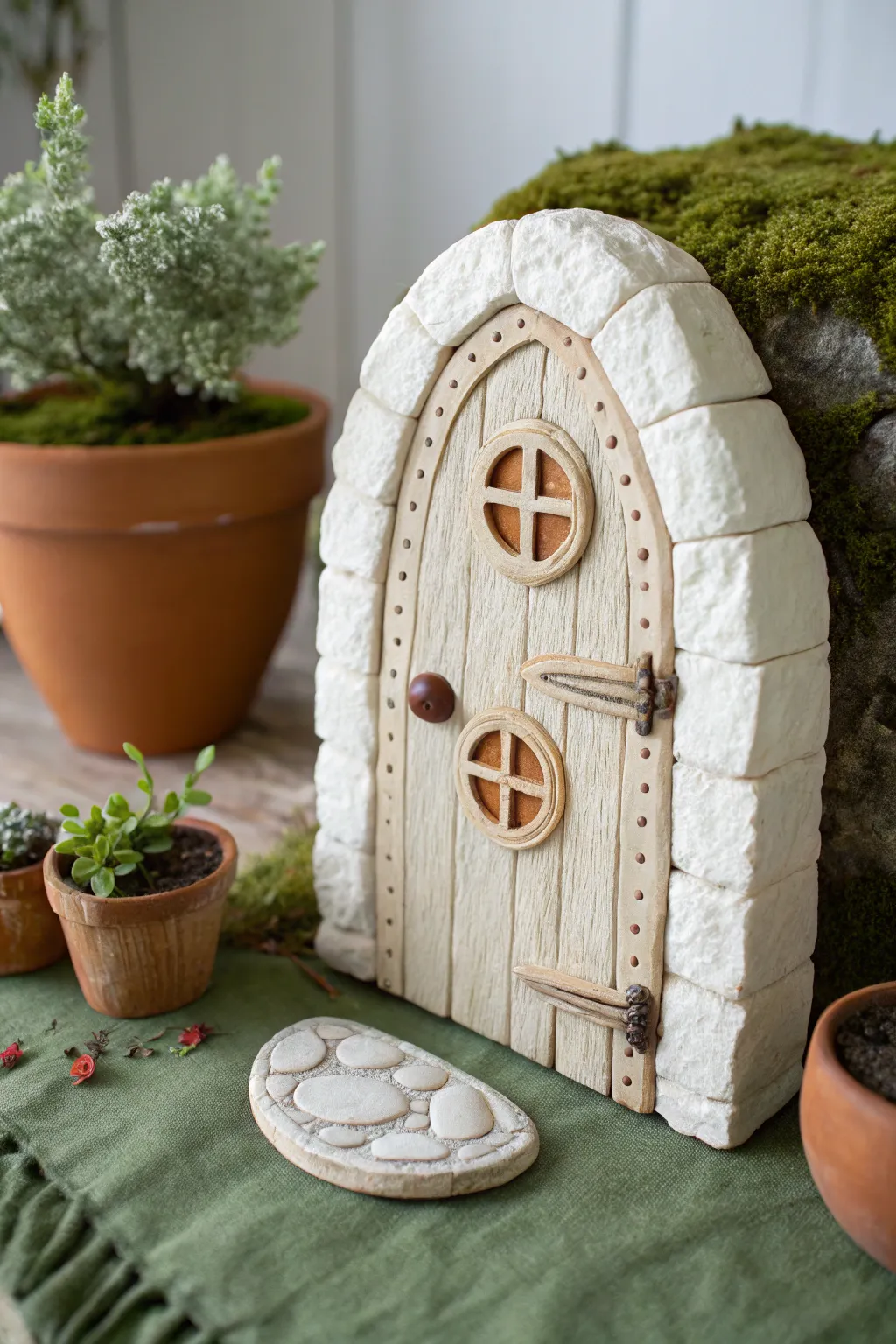Simple air dry clay fairy door and windows, styled by a plant pot for magical playtime.