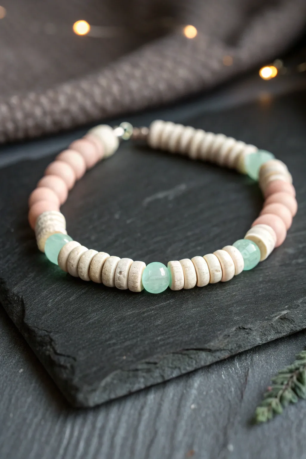 Simple heishi bracelet with a soft glow-in-the-dark accent, perfect for cozy nighttime play.